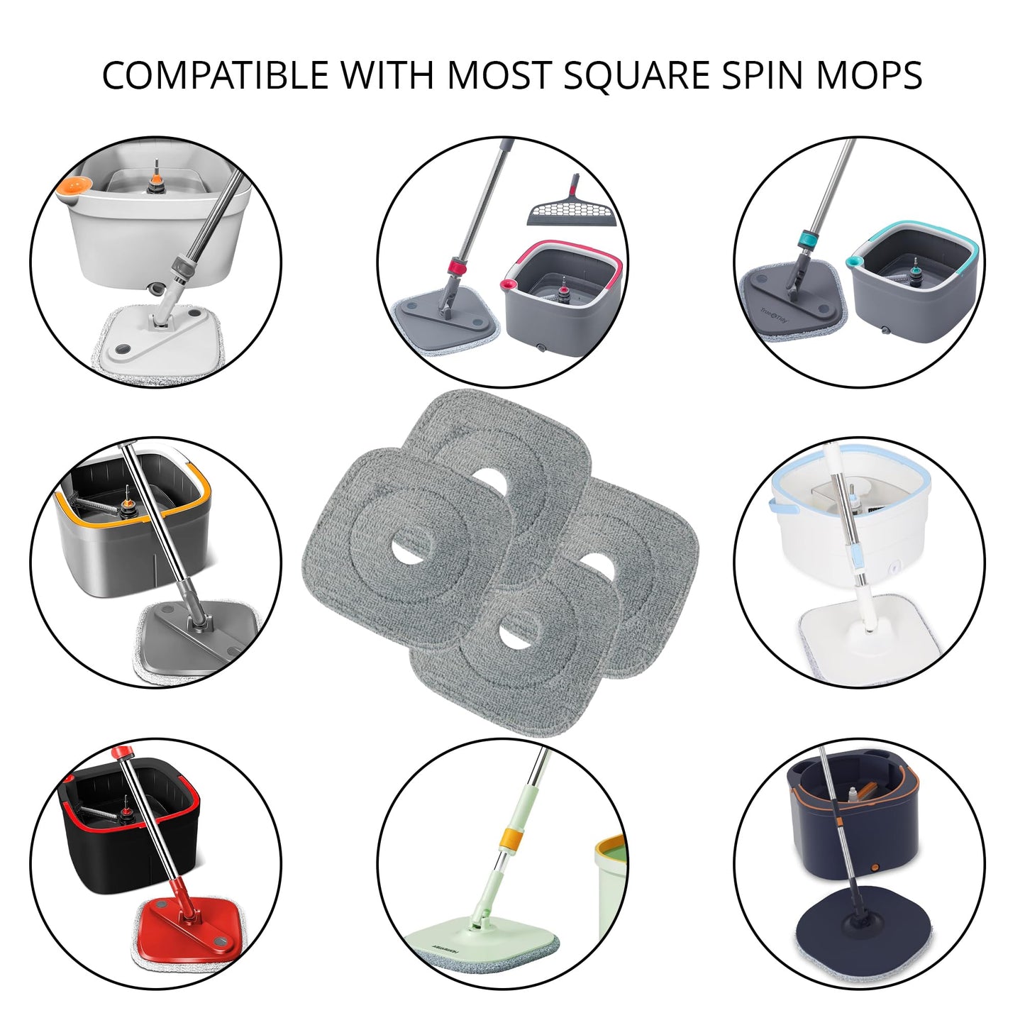True & Tidy® 8-Pack 9 inch Extra Thick Microfiber Pad Refill for SPIN-800 TrueClean Mop & Bucket Square, Compatible with M16 and Most Square Spin Mop and Bucket, Machine Washable up to 100x