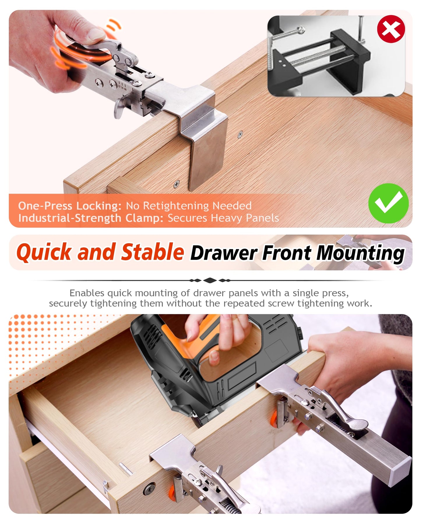 Drawer Front Installation Clamps, Stainless Steel Adjustable Drawer Fixing Clamp, Woodworking Tools for Drawer Panel Mounting with Single Press, Drawer Fixing Clips for Consistent Gaps