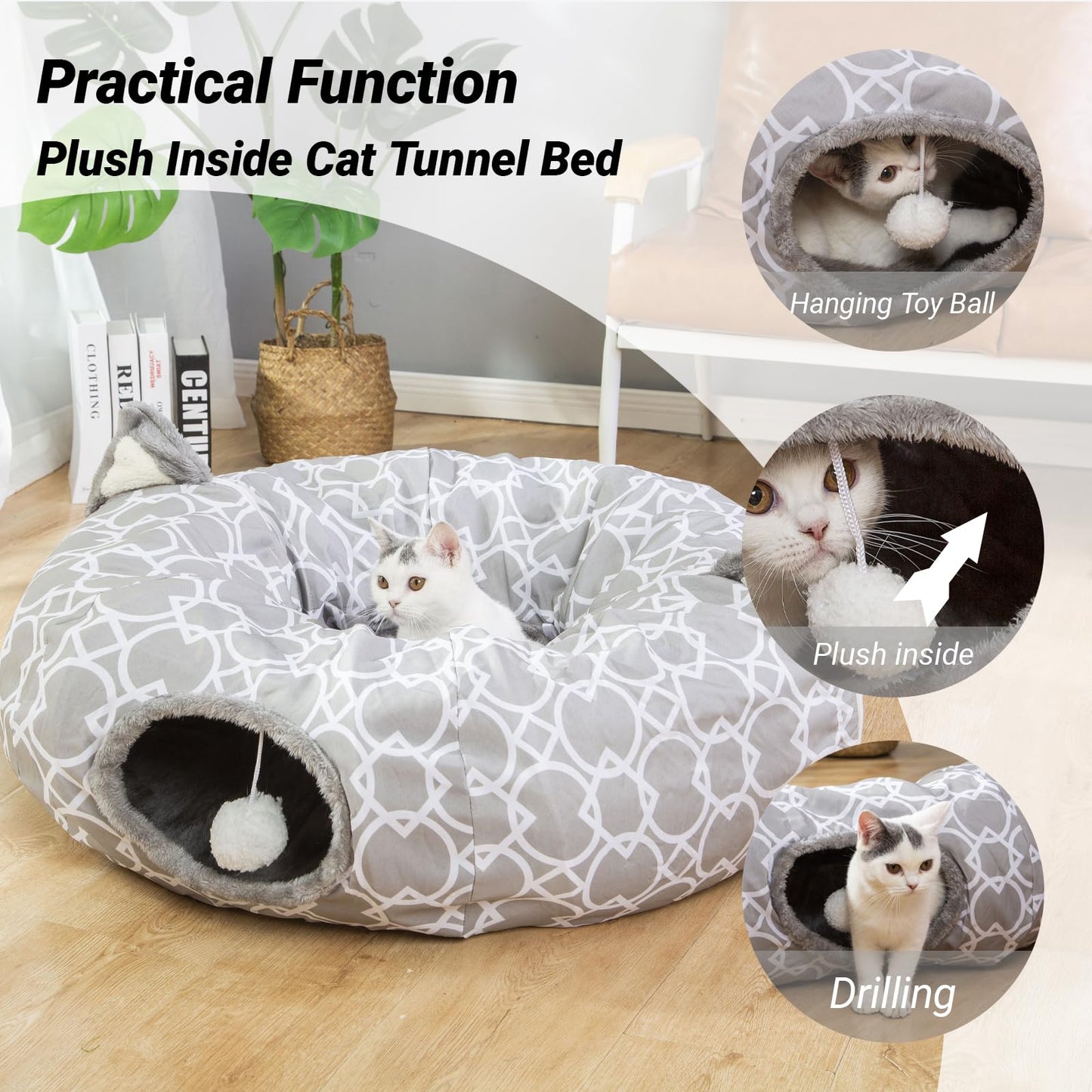 Cat Dog Tunnel Bed with Cushion Tube Toys Oxford Cloth Large Diameter Longer Crinkle Collapsible 3 Way for Cats Kittens Kitty Puppy Outdoor 6FT (Grey-White)