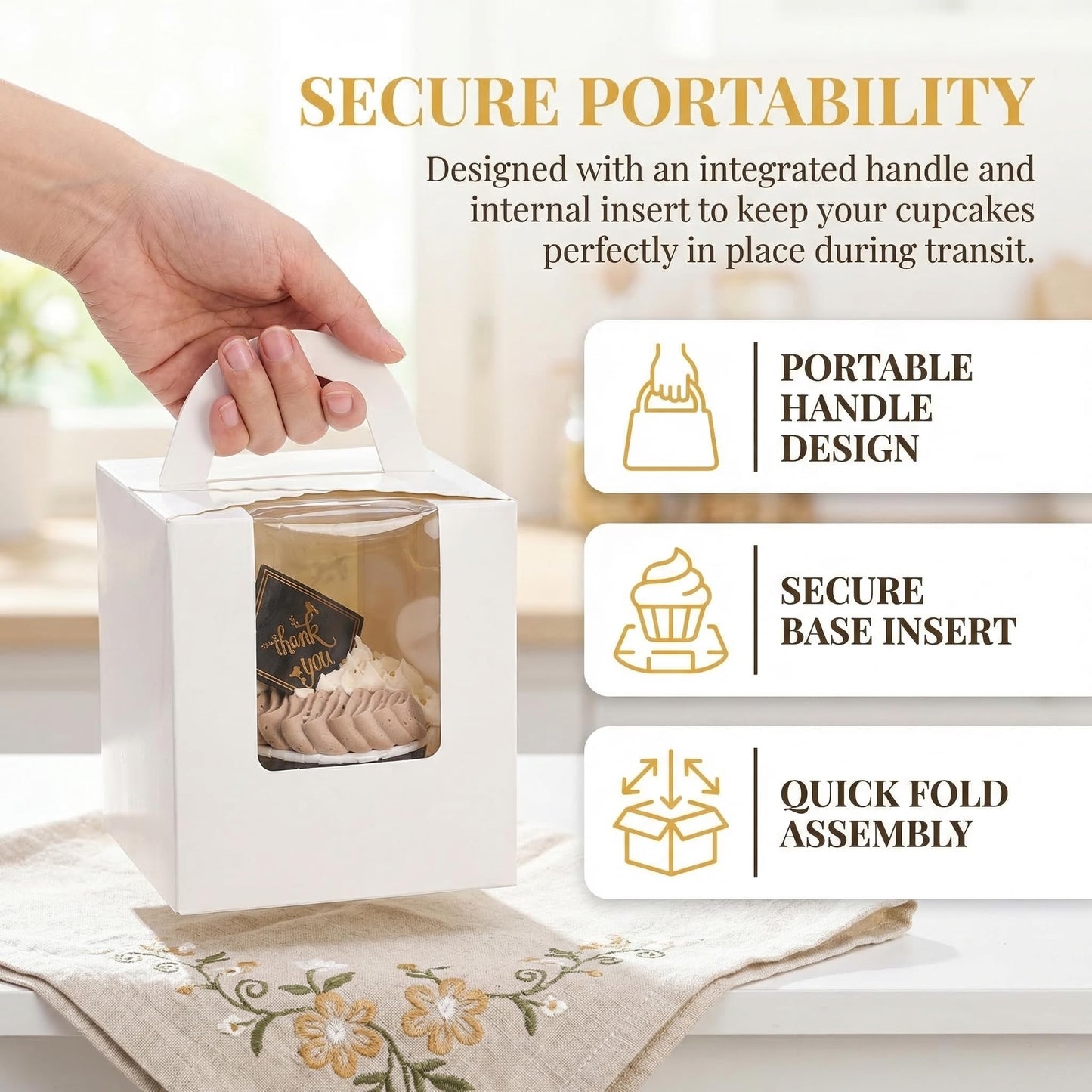 Jucoan 100 Pack White Single Cupcake Boxes, Kraft Paper Individual Cupcake Container with Window Insert Handle, Portable Bakery Containers for Small Cake, Muffins, Birthday Wedding Baby Shower Party