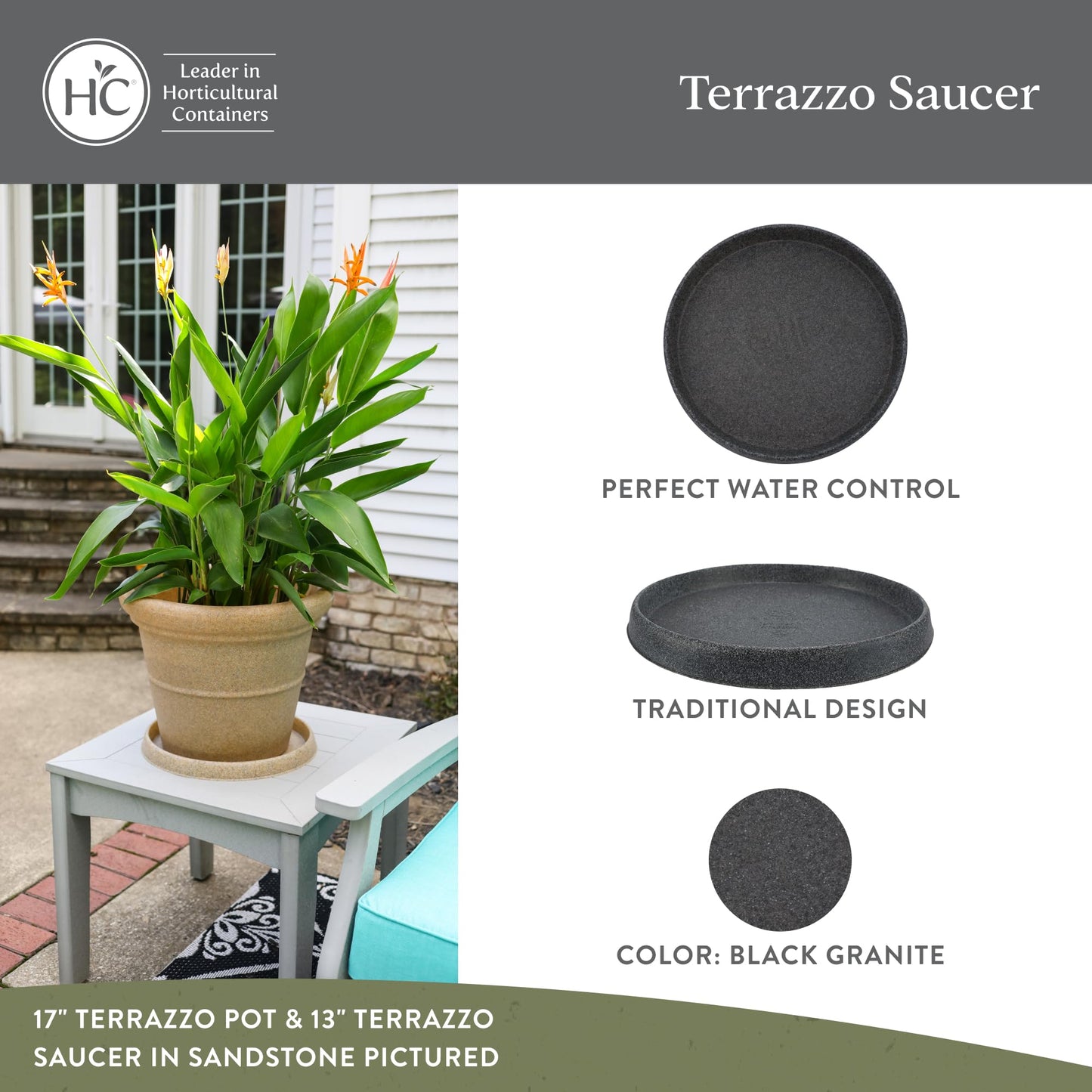 The HC Companies Terrazzo Flower Pot Saucers - Heavy-Duty Plastic Plant Saucer for Outdoors & Indoors - Plant Pot Trays for Water Drainage - Durable Round Plant Tray (18.5" Black Granite, Pack of 1)