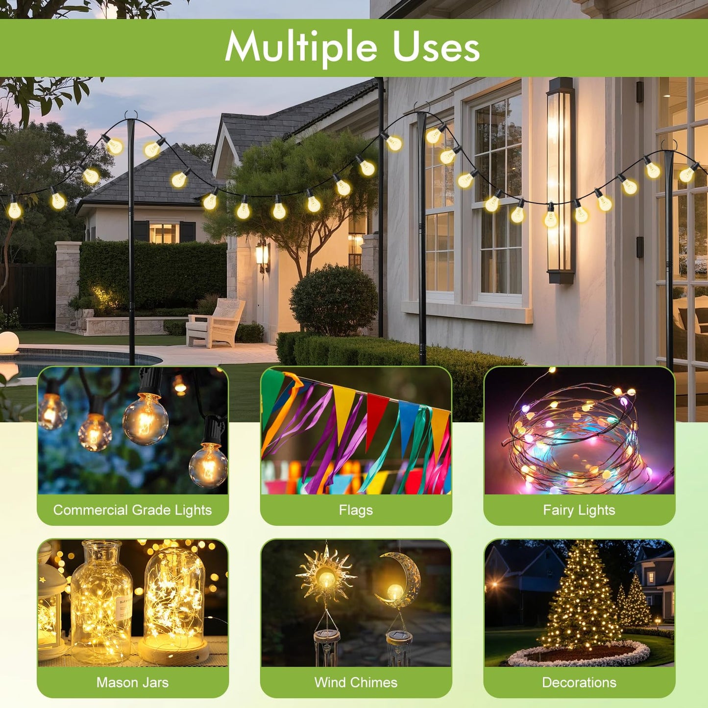 4 Pack 10FT String Light Poles, Heavy Duty Metal Light Poles for Outdoors, Adjustable Lighting Stand with Fork for Patio, Backyard, Garden, Deck, Party, Wedding, Christmas Decorations