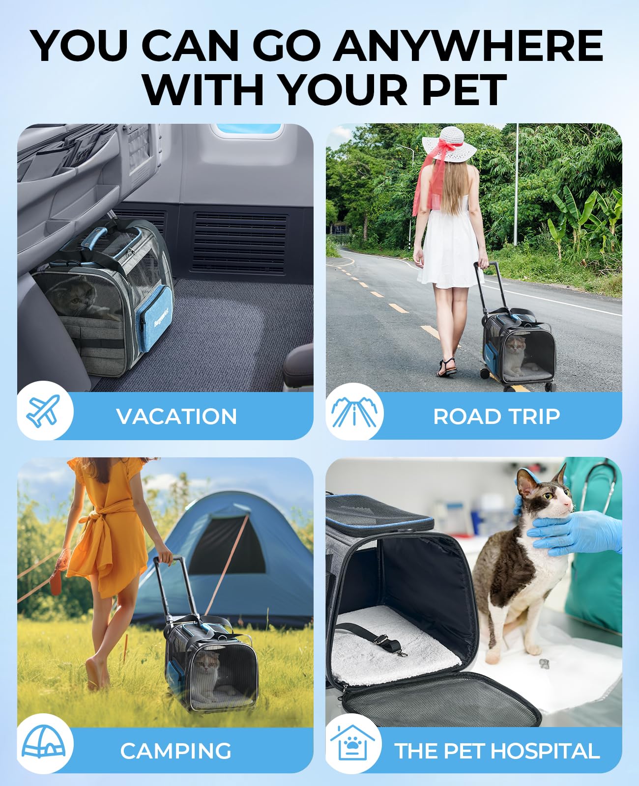 BurgeonNest Cat Carrier with Wheels, 16.5“X11 X11 Airline Approved Rolling Pet Carrier with Telescopic Handle and Shoulder Strap, Small Dogs Pets Under 15 lbs
