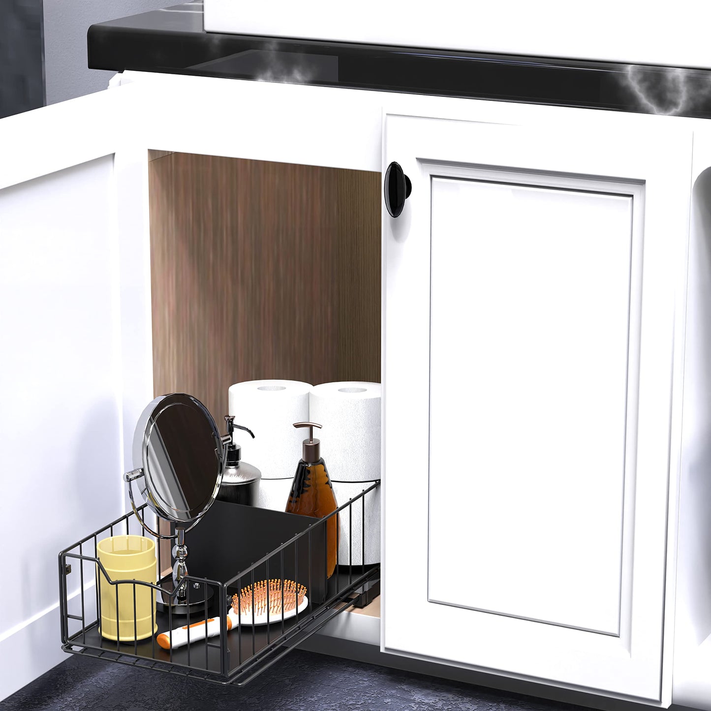Simple Houseware Pull Out Sliding Basket Cabinet Drawer Organizer for Cupboard Storage, Black