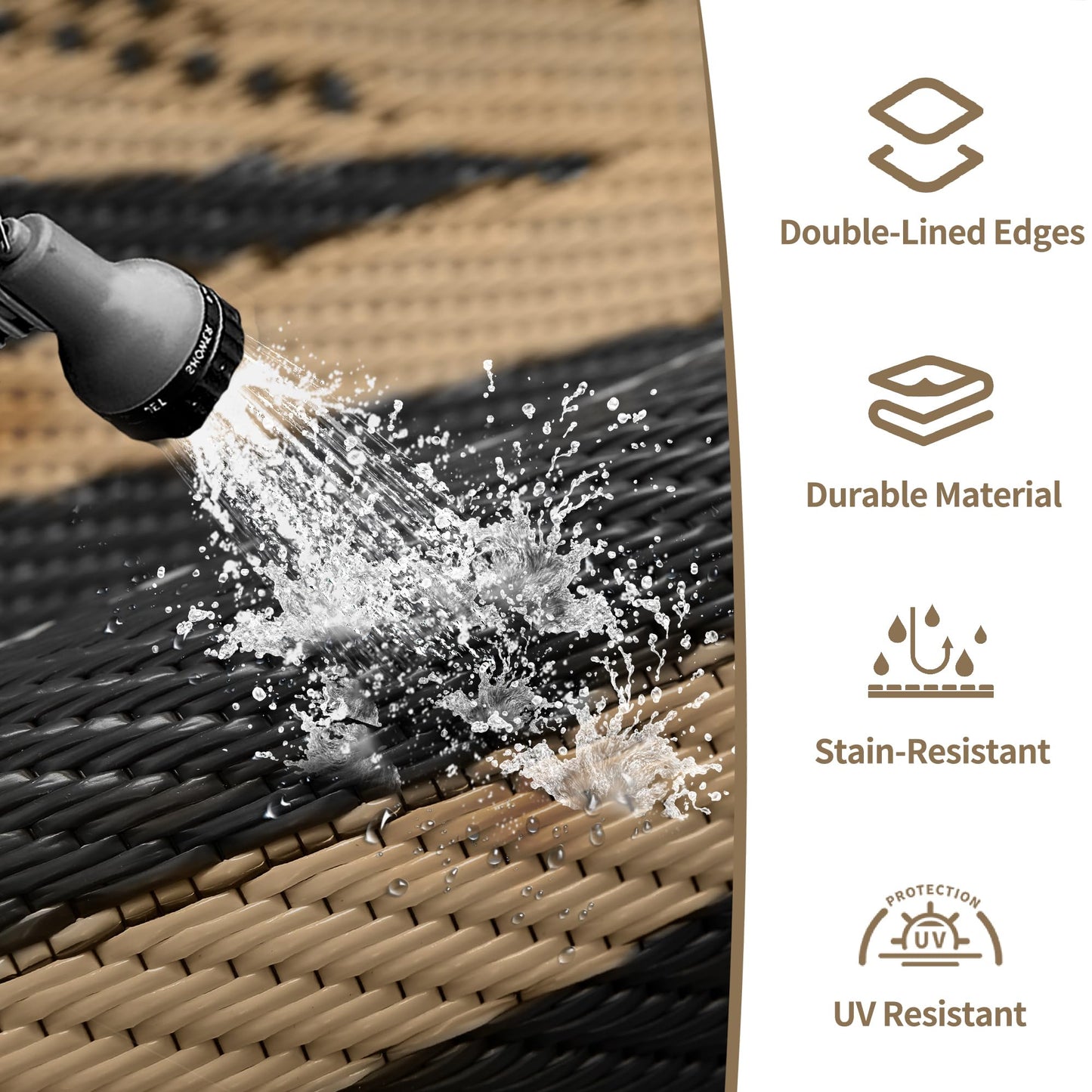 GENIMO 6'x9' Outdoor Rug Waterproof for Patio Decor, Foldable Reversible Plastic Straw Area Rugs Mat for Camper, Outside Carpet for Rv, Deck, Porch, Picnic, Beach, Balcony, Black & Brown