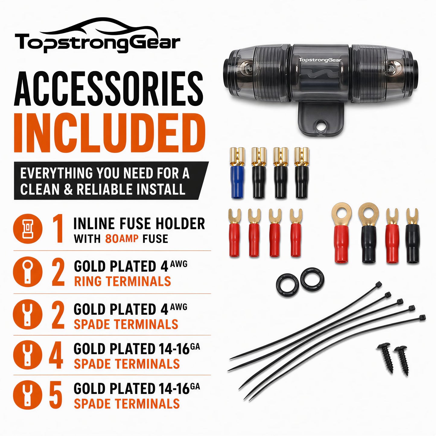 TOPSTRONGGEAR 4ga Amp Kit - 4 Gauge AWG Amplifier Wiring Kit for Car Subwoofers Speakers Audio System, Complete Amp Installation with 20ft Power Ground Cable, RCA Cables, Fuse Holder, Speaker Wire