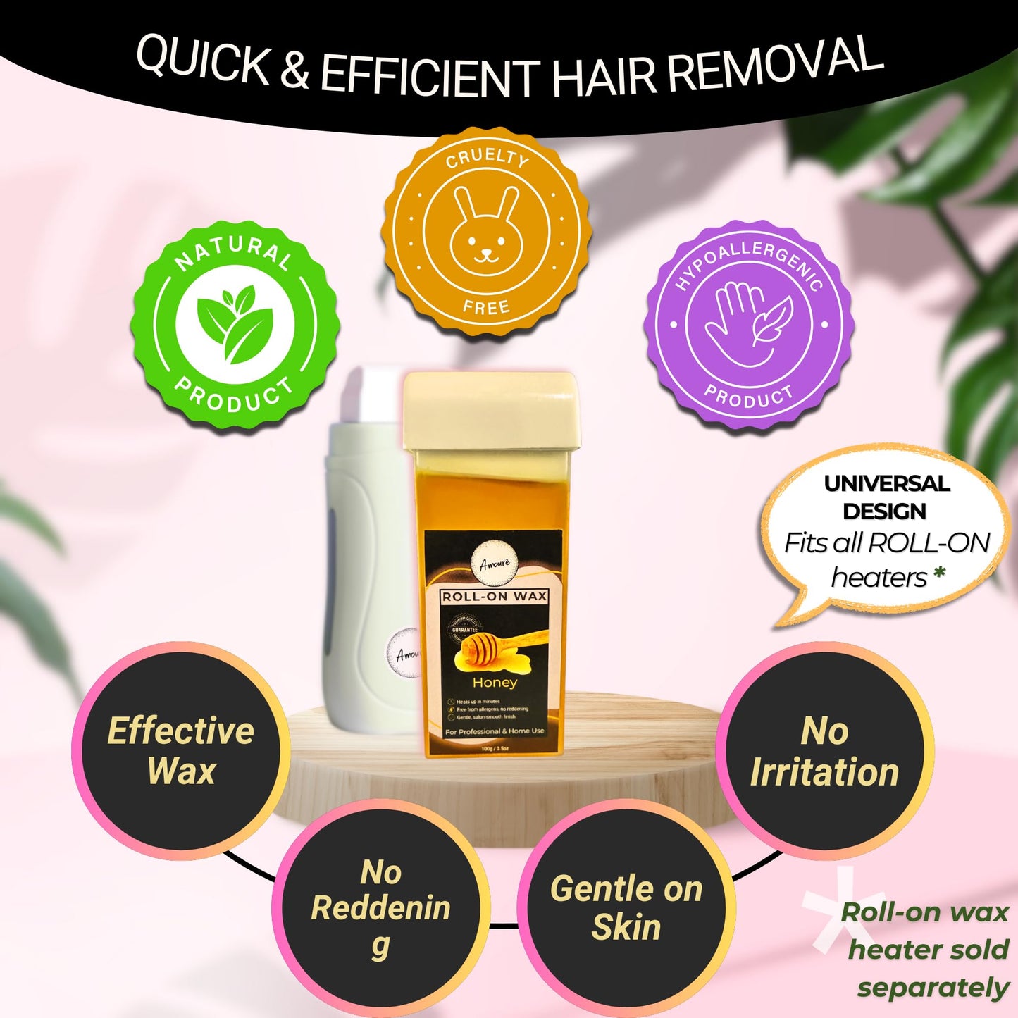 Amourè Roll-On Wax Kit – Honey Wax Cartridges Pack of 6 with 30 Free Strips | Professional Waxing Kit for Smooth Skin | Easy Roll-On Hair Removal for Women & Men