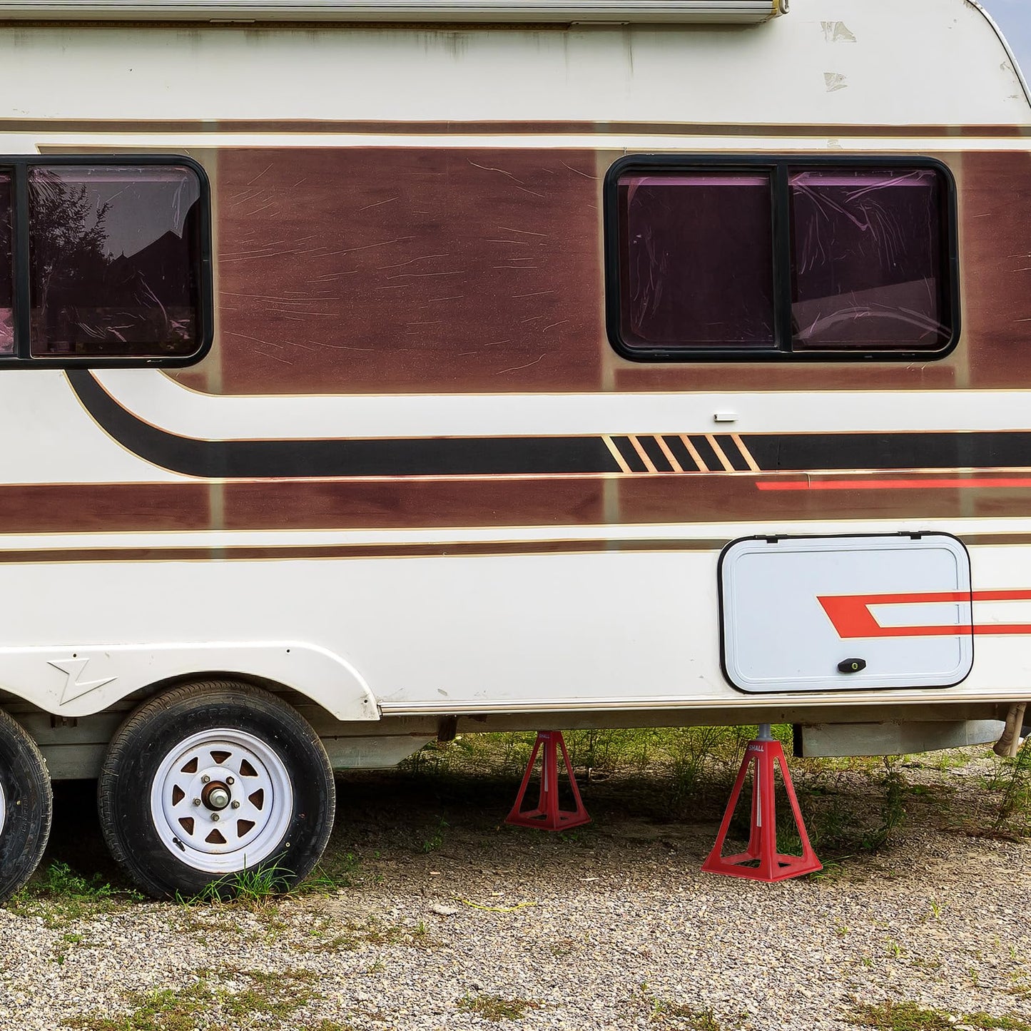 SHALL RV Stabilizer Jacks, 4-Pack Heavy Duty Aluminum Jack Stands for Travel Trailer Camper, Single Support up to 7500 Lbs, RV Leveling Screw Jack with Spare Nuts & Pads, Adjustable from 11" to 17"
