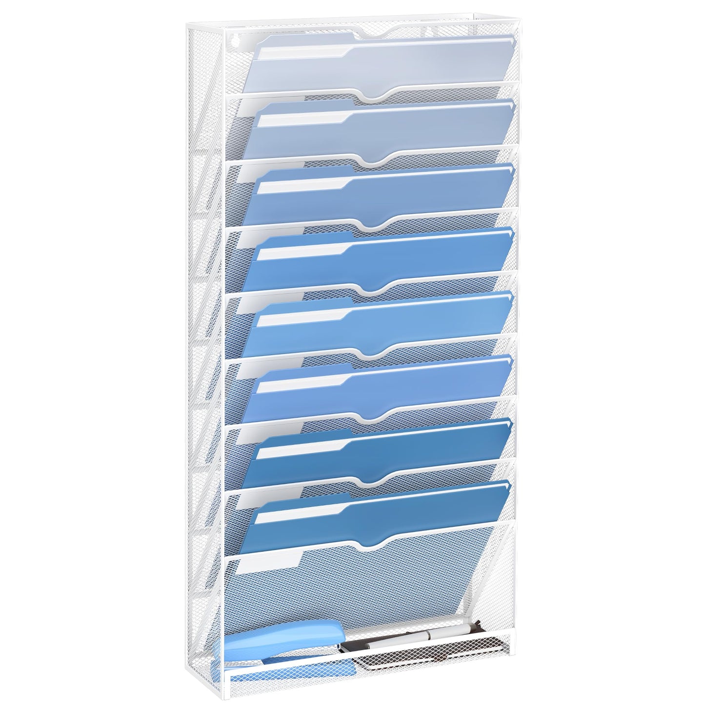 DALTACK Wall File Holder 10 Tier Hanging Wall File Organizer, for Papers Mails Folders Clipboard Magazine Organization, for Office Home, Mesh Metal, White