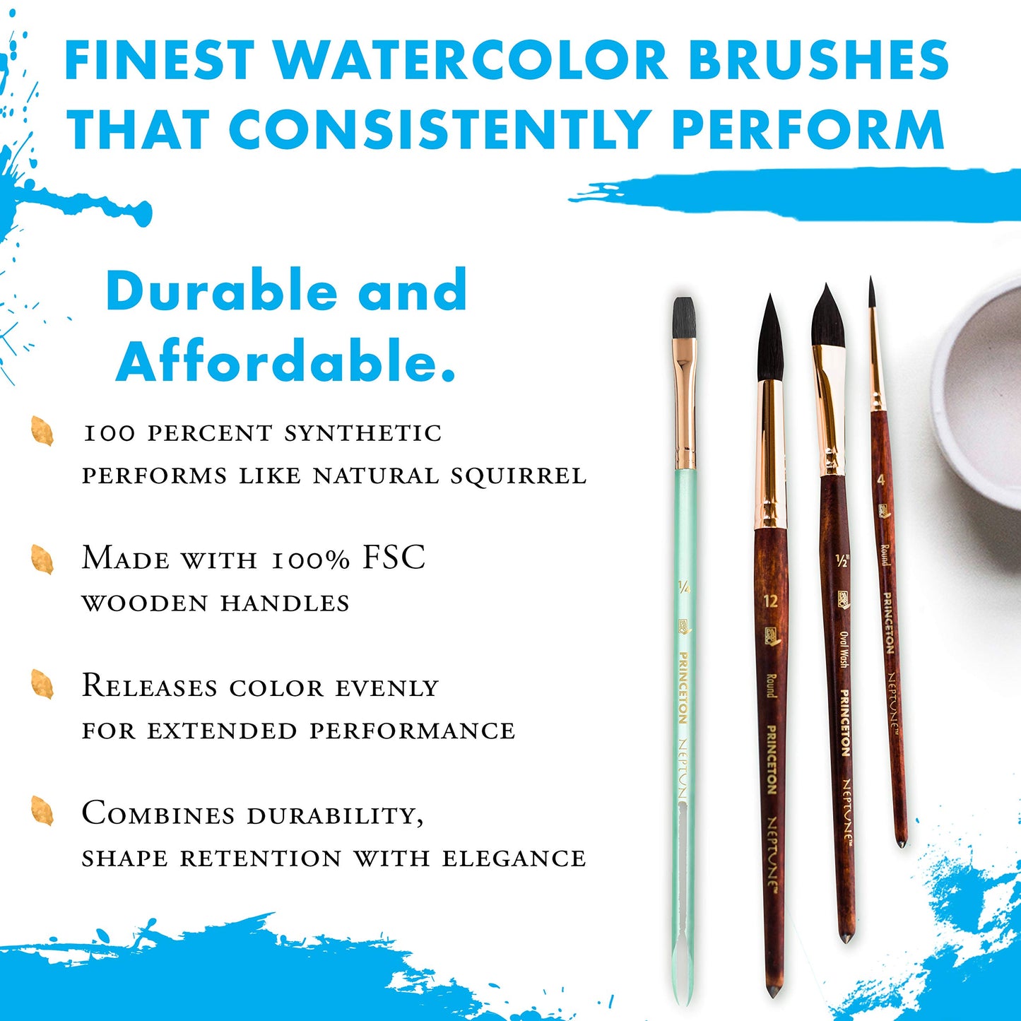 Princeton Artist Brush Neptune Series 4750-4-Piece Synthetic Squirrel Watercolor Paint Brush Set- Includes Aquarelle ¾” Oval Wash ½ & 2 Round Brushes Sizes 4 & 12