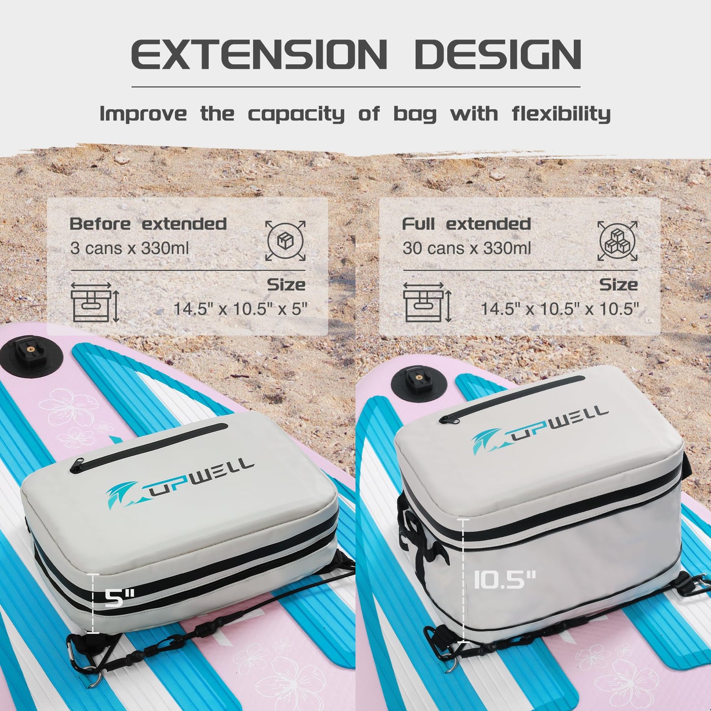 UPWELL Paddleboard Accessories SUP Cooler Deck Bag, PVC Paddle Board Dry Bag, 30 Cans Surf Cooler Bag for Paddle Board, Kayak, Grey Soft Small Camping Cooler for Travel Beach Waterproof