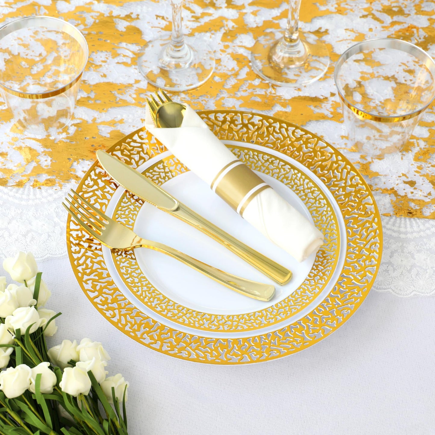 350 Piece Dinnerware Set for Wedding & Party,50 Guest Lace Design Plastic Plates,50 Plastic Silverware,50 Cups,50 Linen Like Napkins,50 Guest Disposable Dinnerware Set (Gold)
