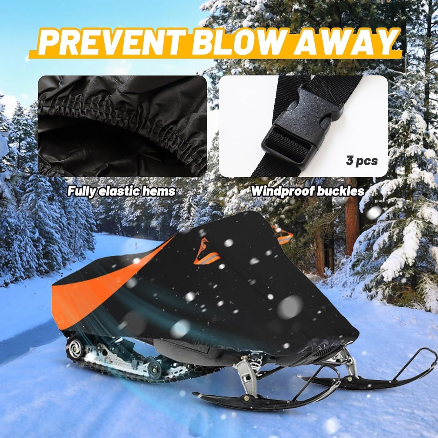 AUTOLION Waterproof Snowmobile Cover, Compatible with Polaris Ski Doo Arctic Cat Yamaha, Windproof Snowshield Cover with Windproof Buckles (130''L × 51''W × 48''H) Black and Orange