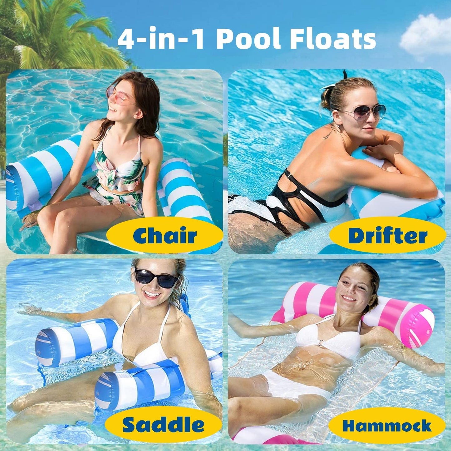 Yodooshi 【4 Pack】 Inflatable Pool Floats Hammock, Water Hammock Lounges, Multi-Purpose Accessories(Saddle, Lounge Chair, Drifter) for Swimming Pool, Beach, Outdoor Blue&Navy&Rose&Green