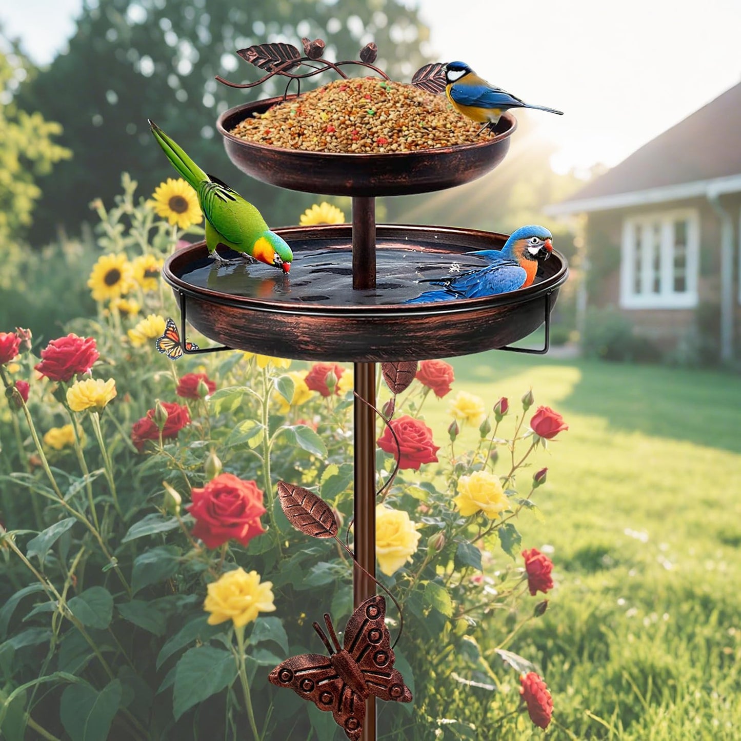 emopaw Outdoor Bird Bath with Metal Base, 41 inch Height, Freestanding Garden Decor, Large Capacity Bowl, 5-Prong Stake (41inch, 2-Tier, Butterfly)