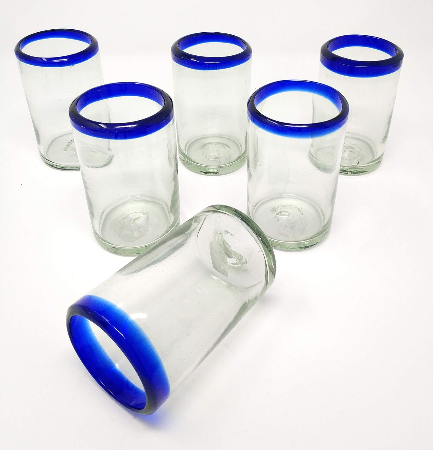 Dos Sueños - Hand Blown Mexican Tumblers - Set of 6 Glass Juice Glasses with Cobalt Blue Rims, 8oz (237ml)