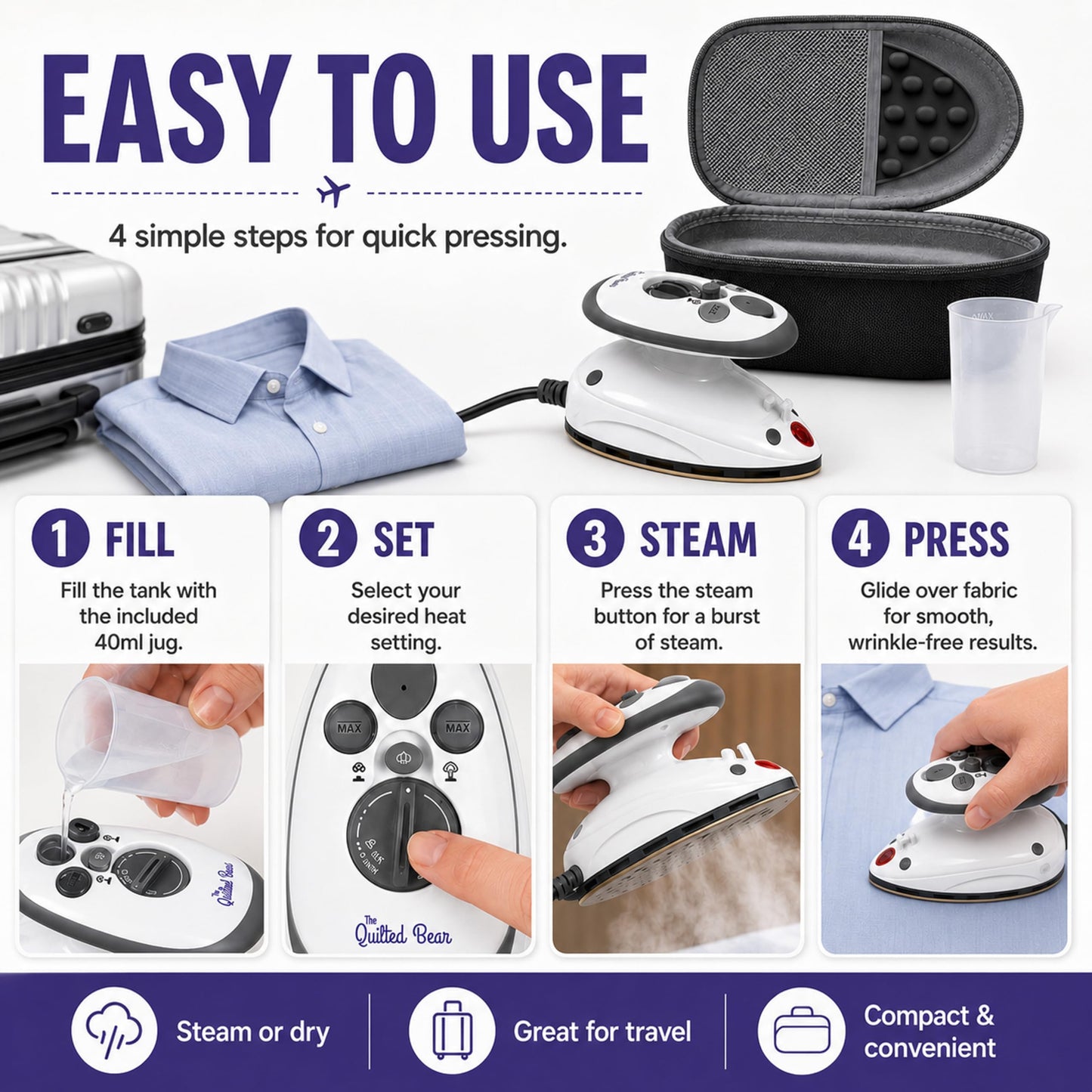 The Quilted Bear Premium Mini Steam Iron - Lightweight Mini Travel Iron for Effortless Quilting & Wrinkle-Free Clothes with Carry Case & Iron Rest - Travel Steamer for Clothes & Crafts (Black) (V2)