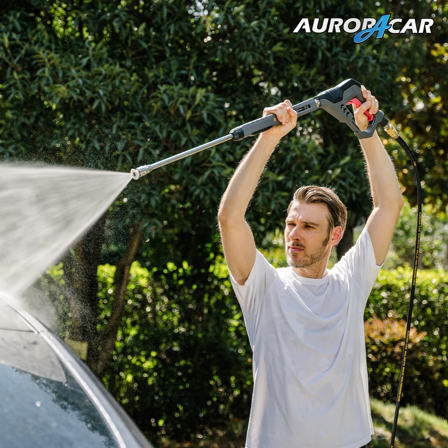 AURORA CAR Pressure Washer Gun with Swivel, with Replacement Wand Extension, with M22 14mm & 15mm Fitting, 3/8" Quick Connect Plug, 5 Nozzle Tips with Nozzle Holder, 5000PSI, 41 Inch, Stainless Steel