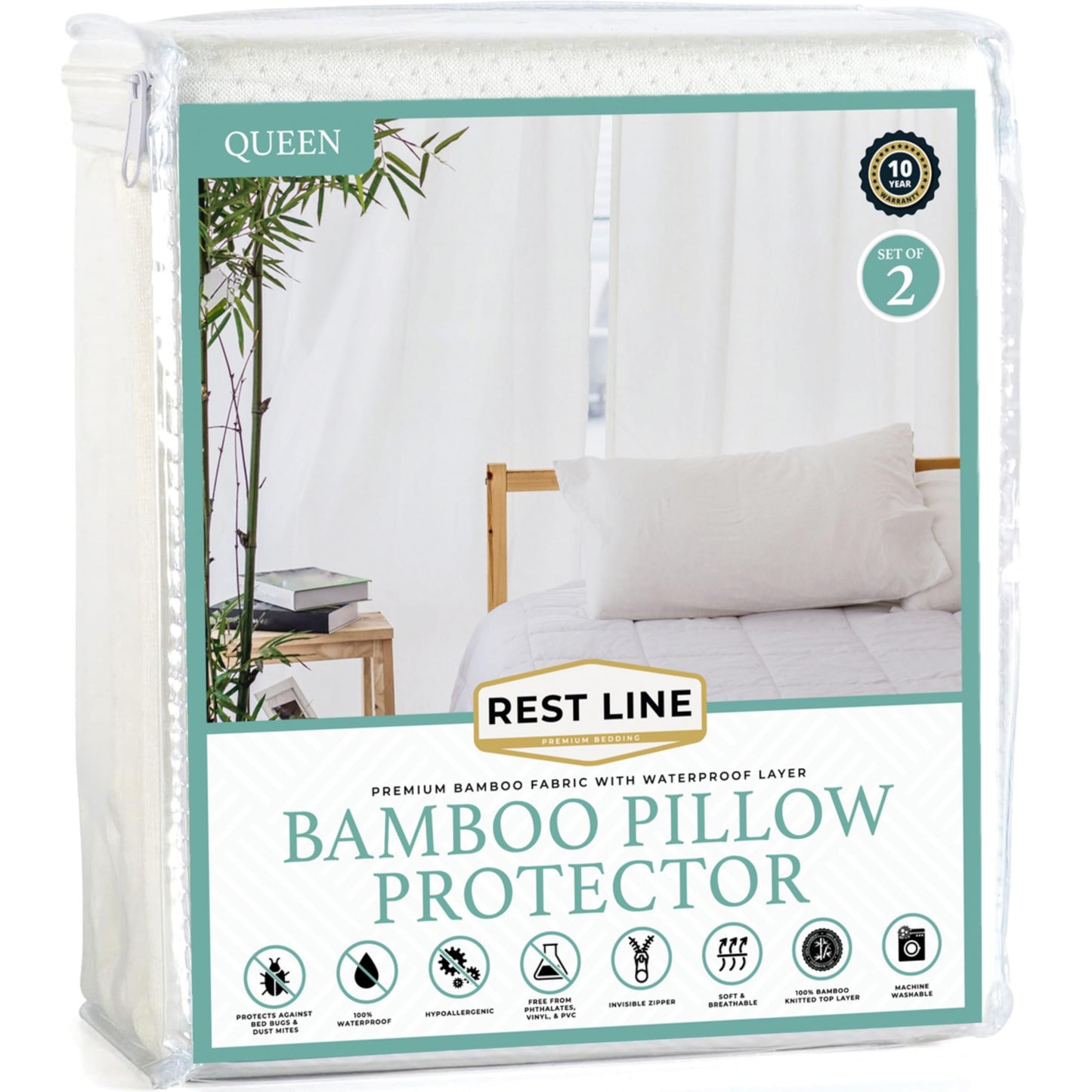 Queen Size 21" x 31” Set of 2 Premium Bamboo Waterproof Zippered Pillow Protector 100% Viscose from Bamboo, Hypoallergenic, Invisible Zipper, Soft & Breathable Pillow Case Cover - Rest Line