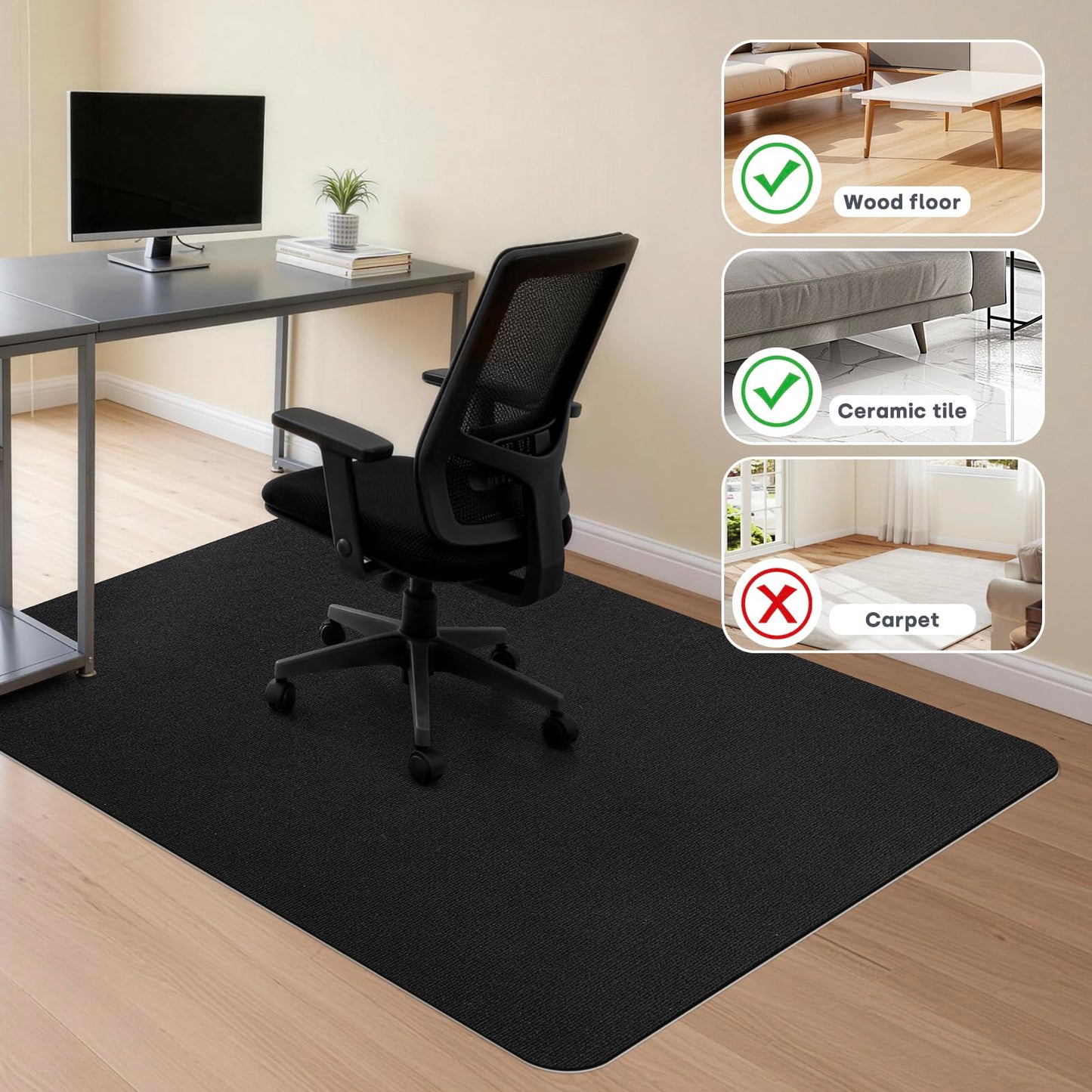 SHIEN Office & Gaming Chair Mat 100 X 140cm - PVC Carpet Floor Mat Non Slip, Desk Chair Floor Protector Rug Pad, Indoor Computer Chair Mat for Hardwood Floors & Home Office Use (Black, 100 * 140cm)