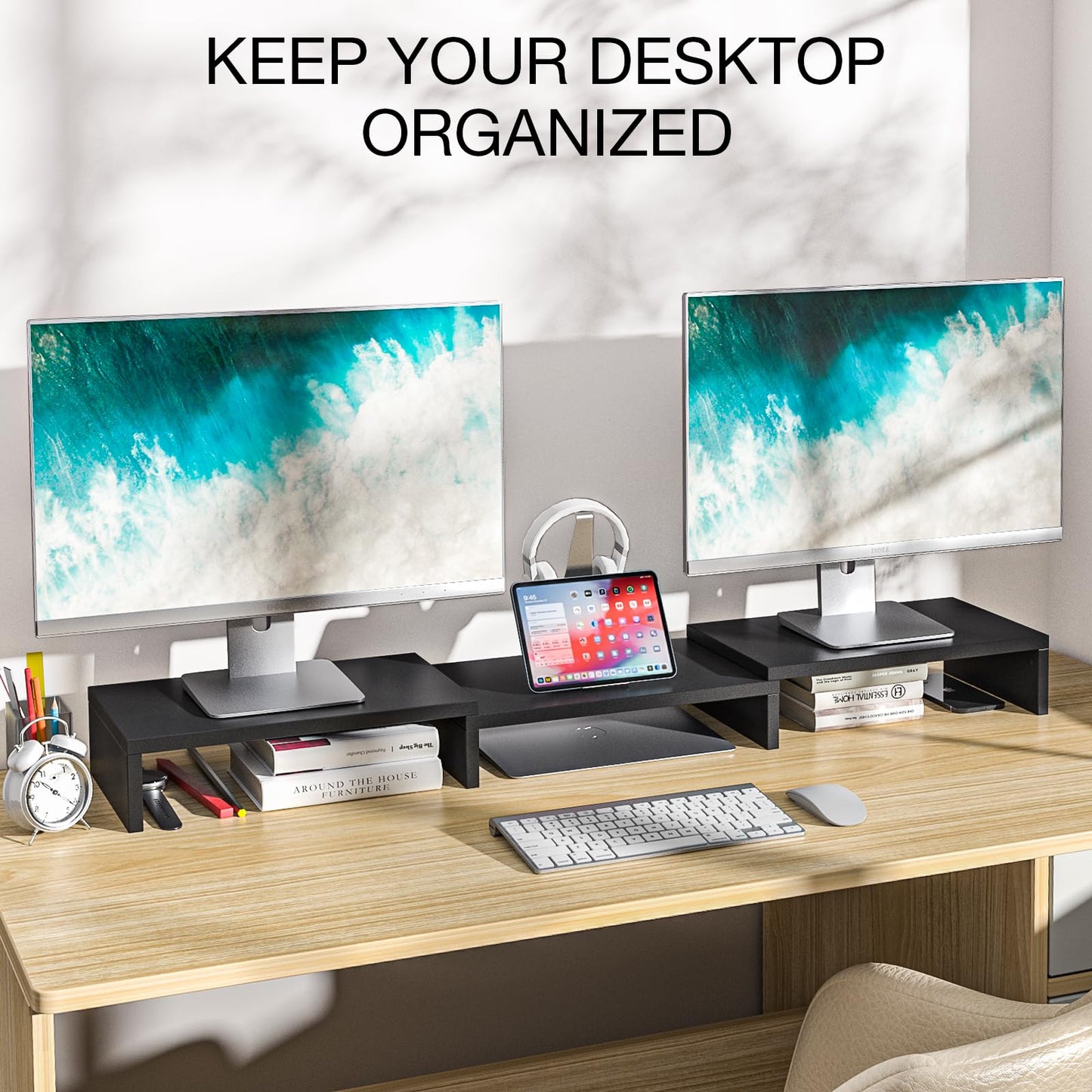 Rfiver Dual Monitor Stand Riser, Adjustable Length (30.7-43.3") & Angle, Large Wooden Desktop Organizer with Storage Shelf for Laptop, Monitors, Home Office Desk, Black