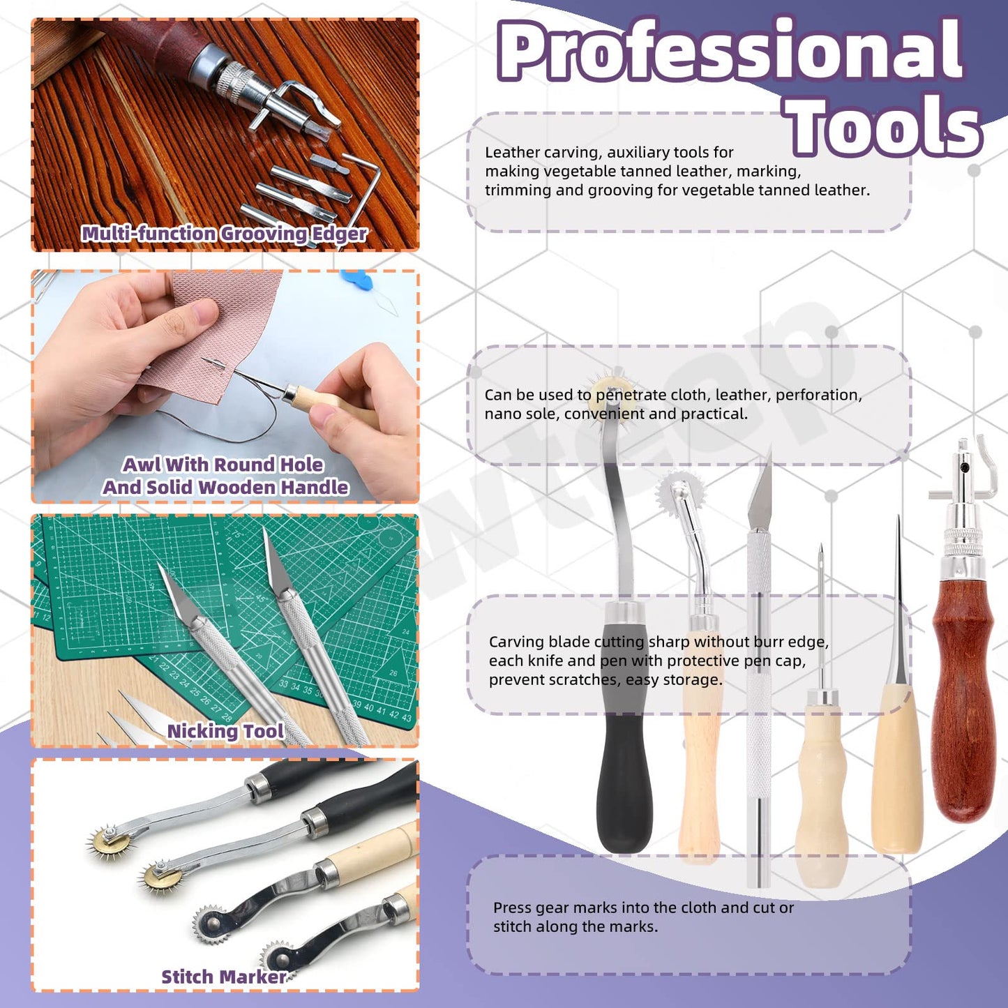 Swpeet 46Pcs Leather Kit, Leather Working Tools and Supplies, Leather Craft Tool Kit with Waxed Thread Groover Awl Stitching Punch, Tracing Wheel, Sewing Needles, Other Leather Crafting Tools