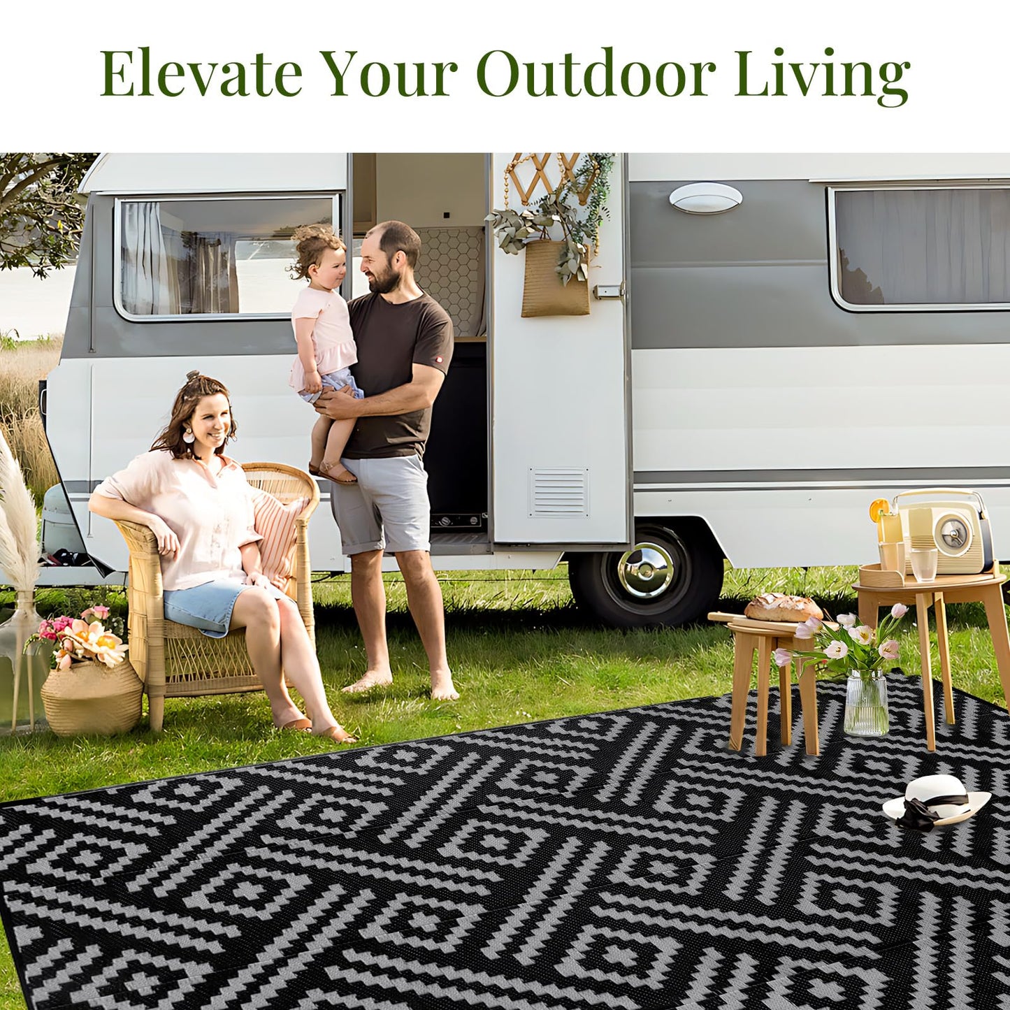 OPPODREAM Outdoor Rug 6x9 Ft, Waterproof Outdoor Plastic Straw Rug for Patio, Reversible Out Door Carpet for Camping, Deck, Rv, 6 x 9 Area Carpet Balcony, Porch, Backyard, Black and Grey