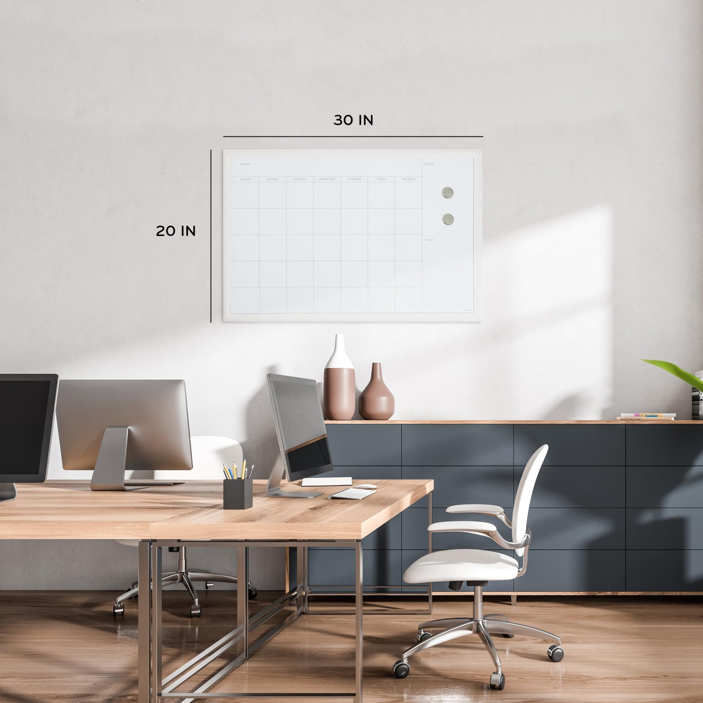 U Brands Magnetic Dry Erase Calendar Board, 30"x20", White Wood Style Frame, Includes Magnets