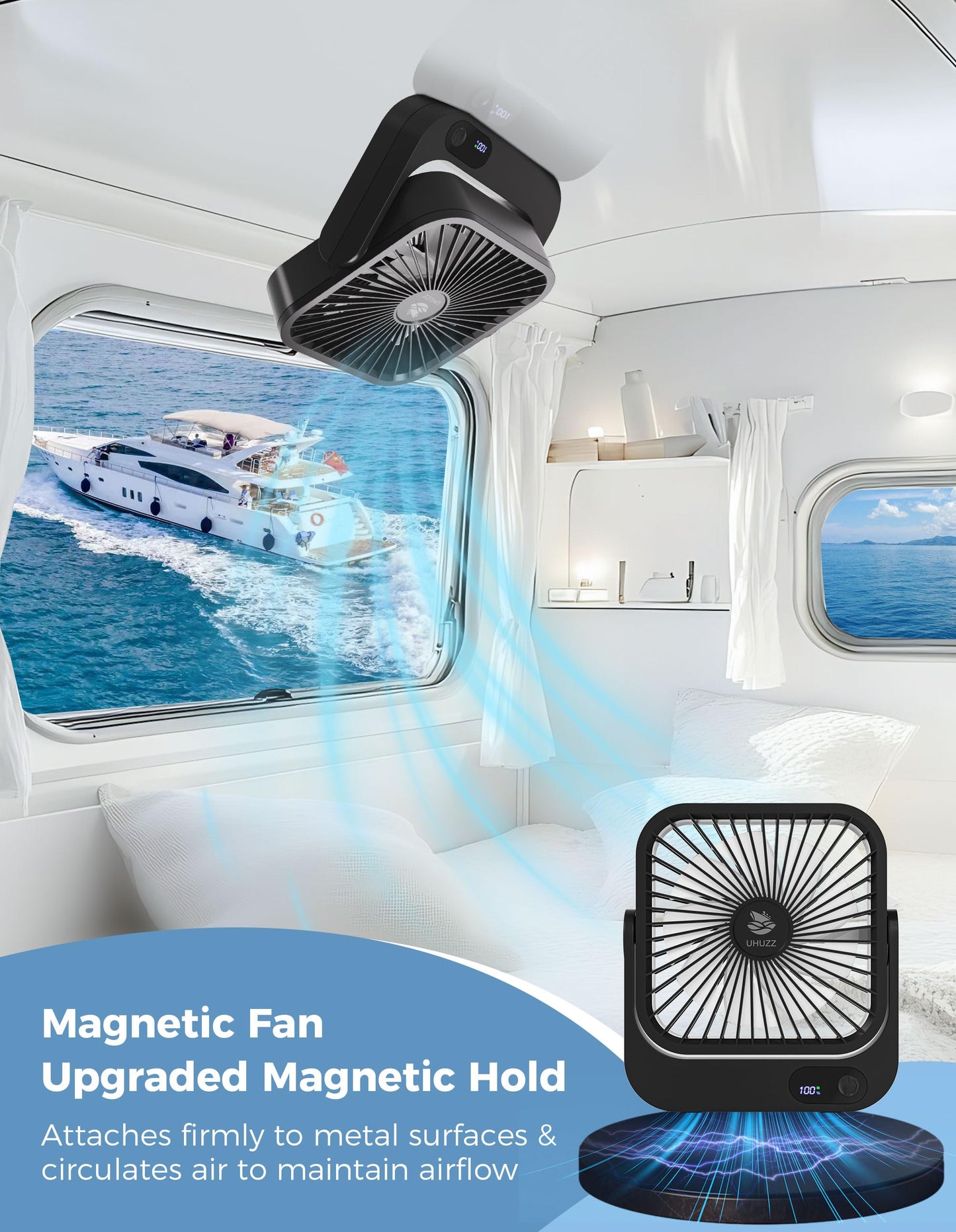 Cruise Ship Approved Magnetic Fan – Portable Rechargeable & Plug-In, 5-Speed Adjustable, Quiet Operation, Up to 12 Hours Battery Life, Perfect for 2025 Cruises