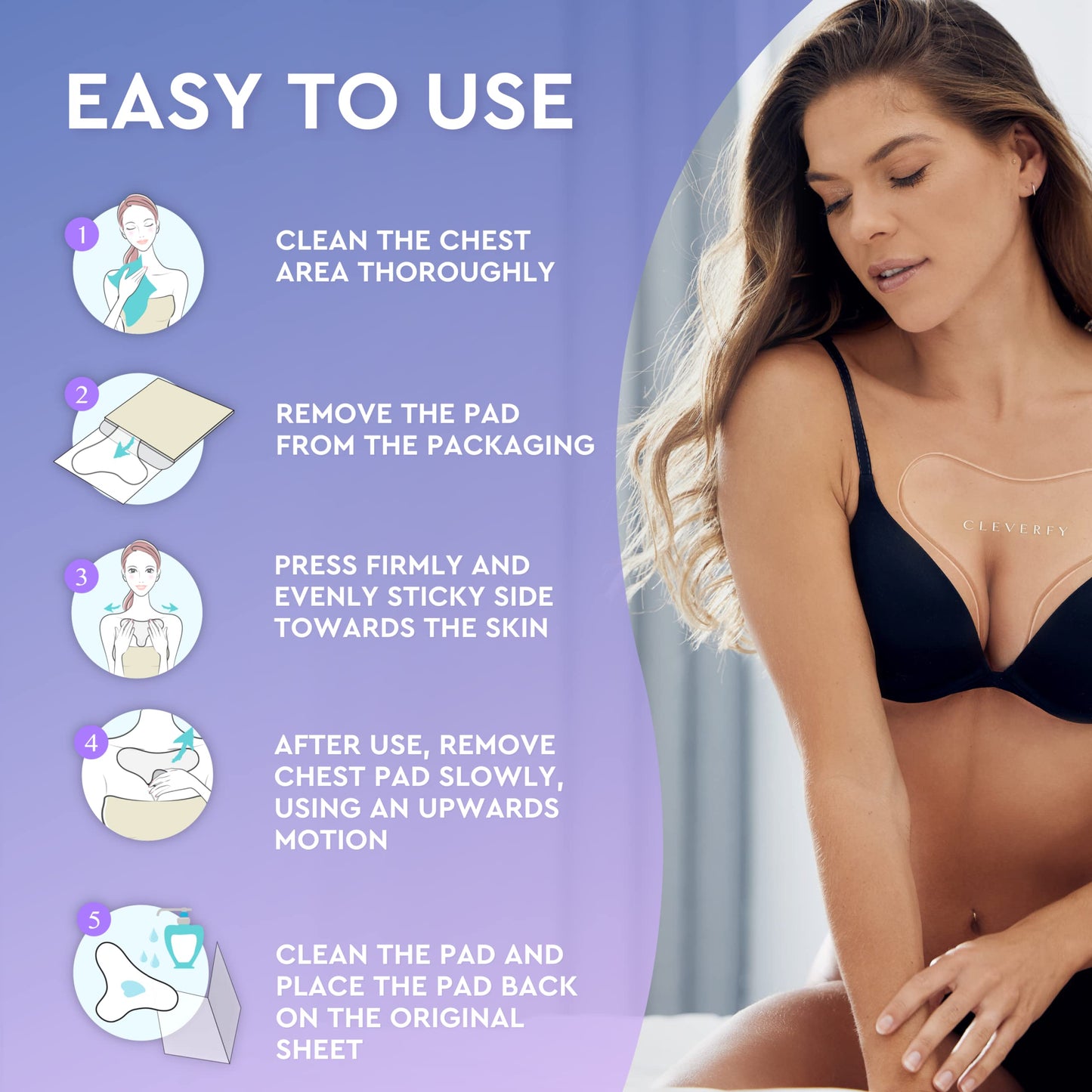 Cleverfy Silicone Chest Wrinkle Pads for Décolleté - 6-Pack of T-Shape Reusable Anti-Wrinkle Patches