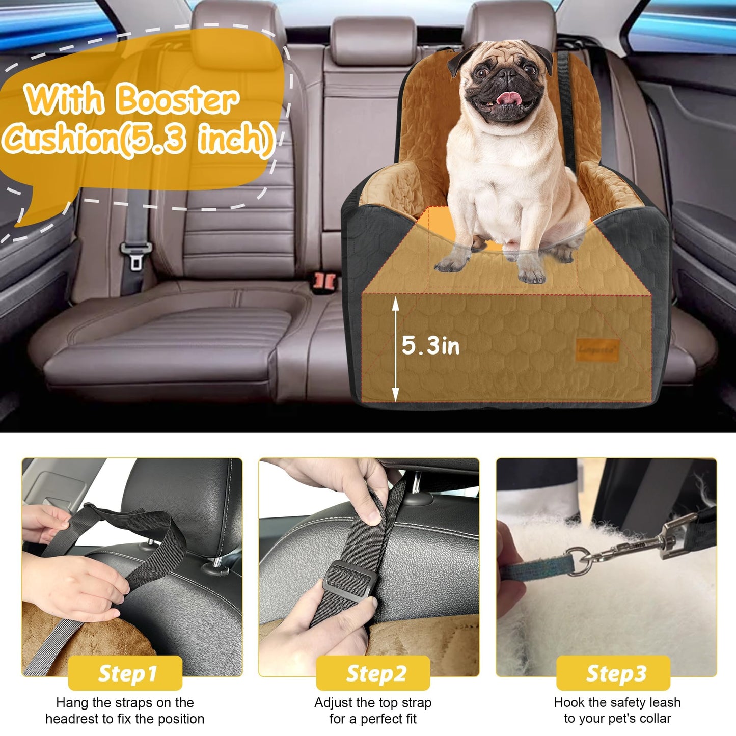 Dog Car Seat for Small/Medium Dogs, Memory Foam Dog Booster Seat, Elevated Pet Car Seat for Dogs up to 35 lbs, Travel Safety Car Seat with Washable Removable Cover, Storage Pockets (BlackBrown)
