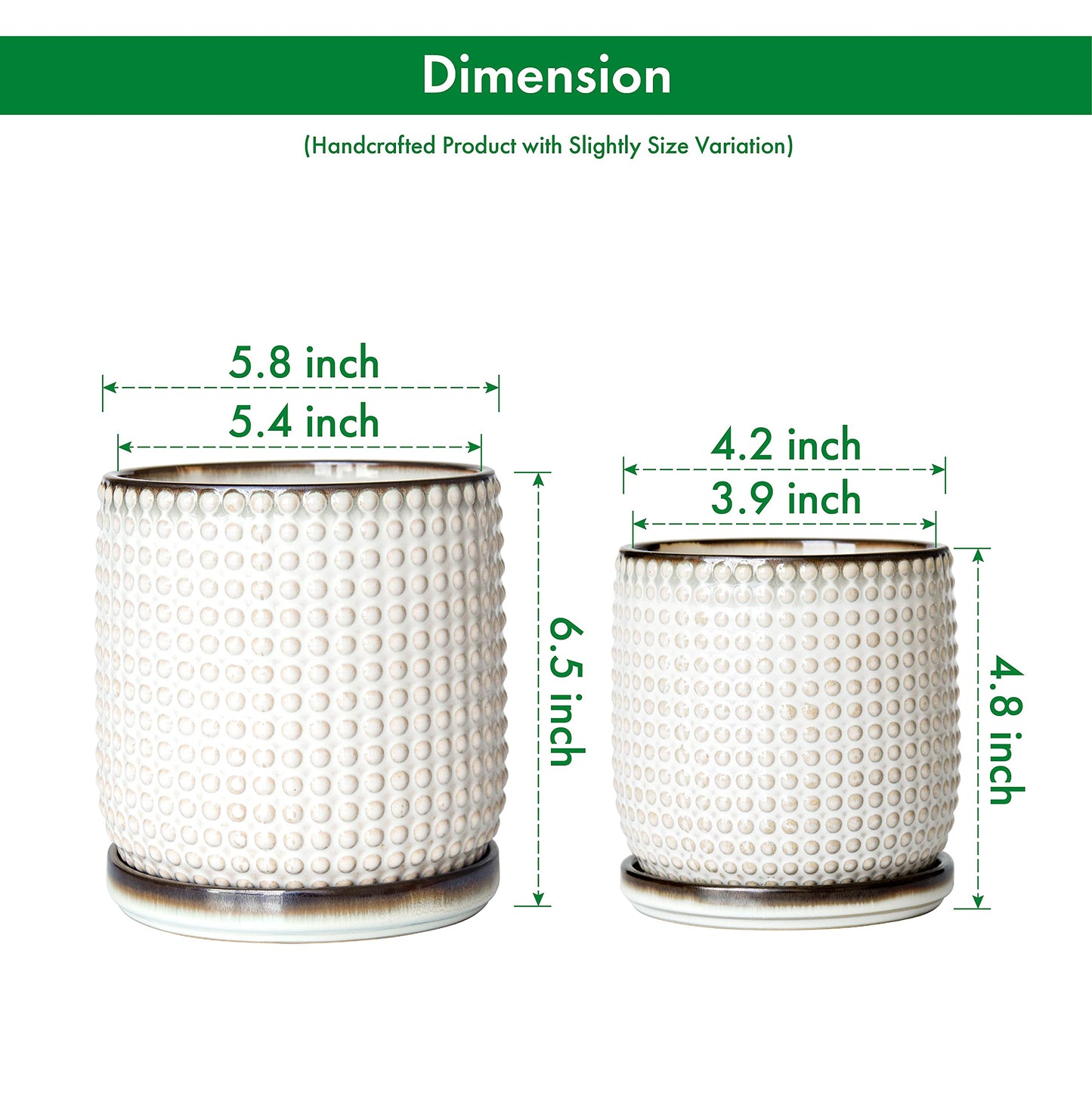 D'vine Dev 6 Inch 4 Inch Ceramic Indoor Planter Pots with Drainage Hole and Saucer, Beaded Design Flower Pots, Set of 2, Smoked White, 27-D-U-1