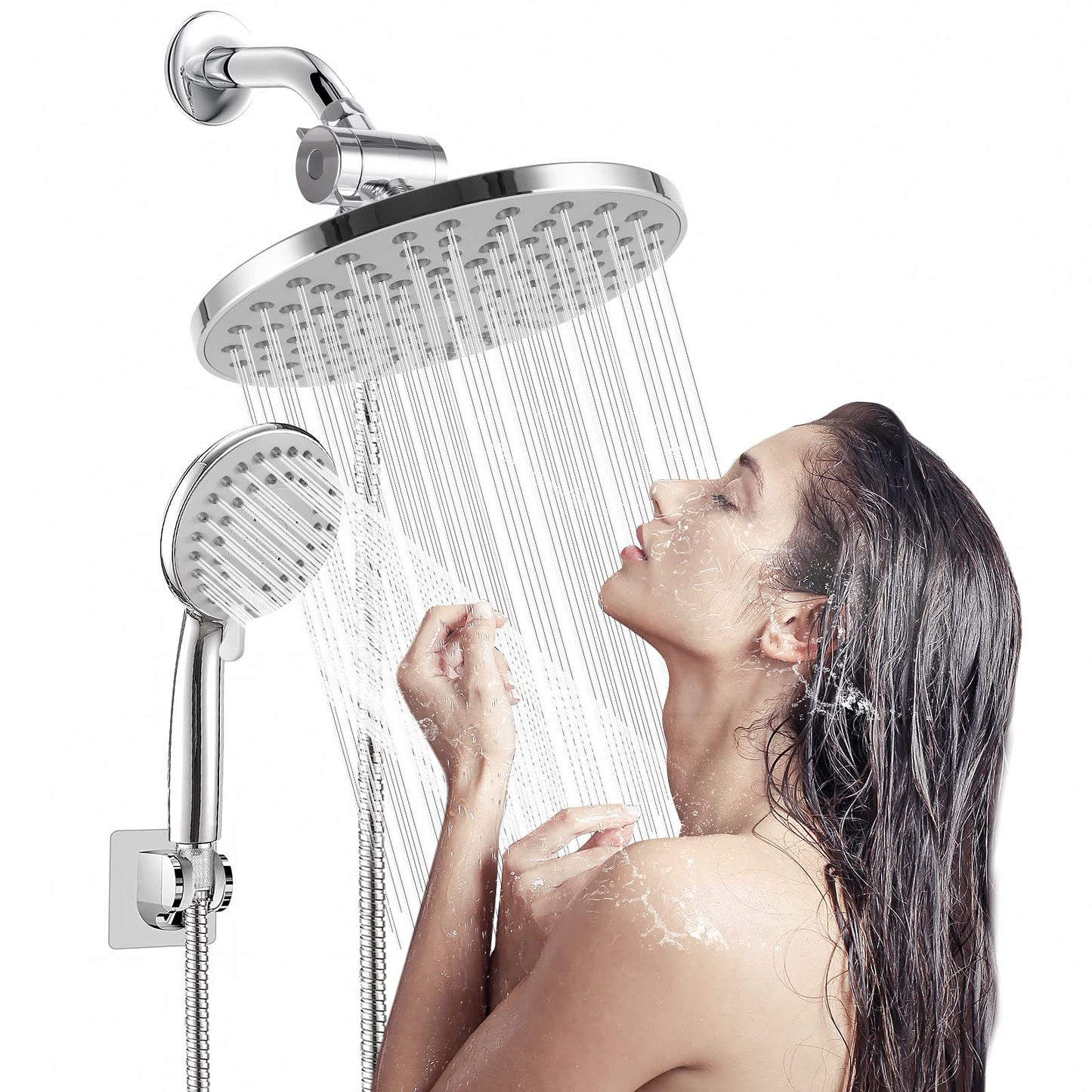 High Pressure 8" Rainfall Shower Head and Handheld Shower Heads Combo, with 60" Hose, Punch-Free, Dual Powerful Shower Spray Detachable with Holder, Chrome, Regulator fit for High, Low Water Flow