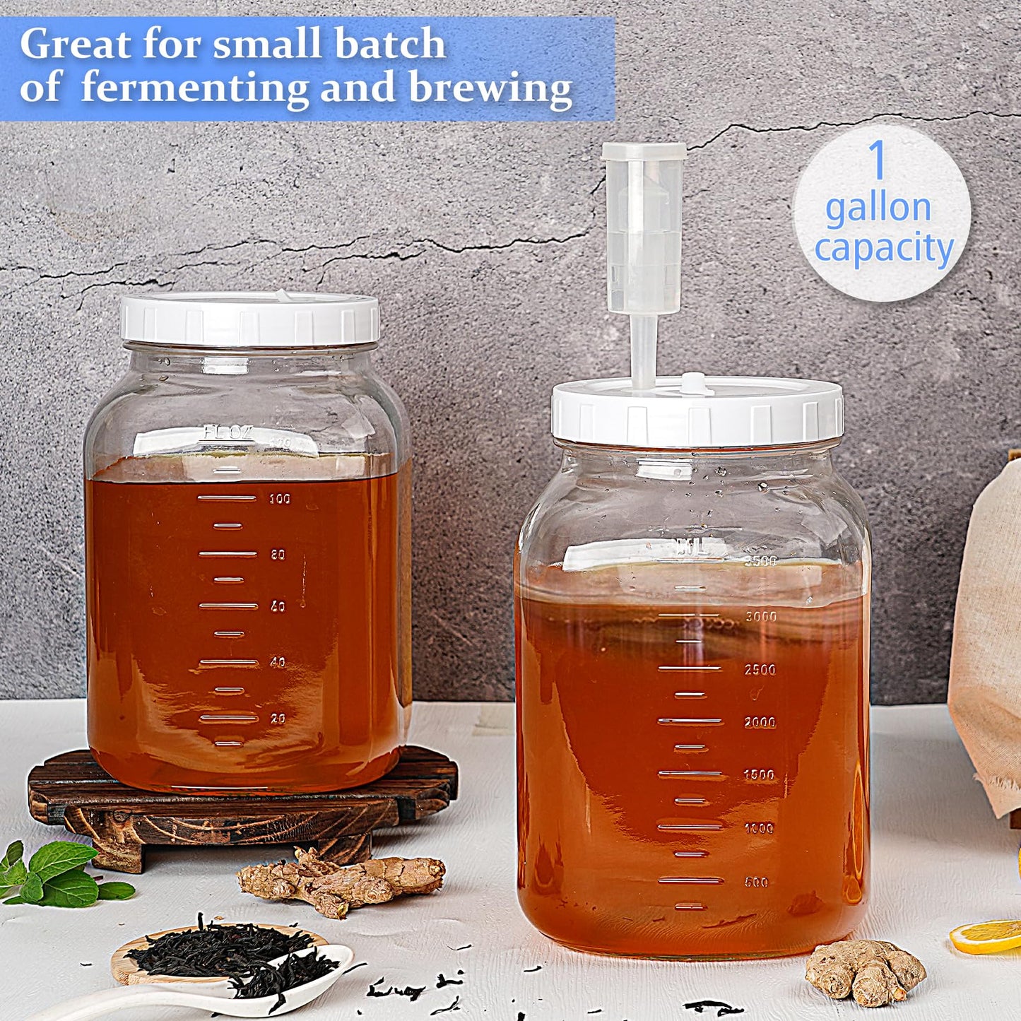 2 Pack Wide Mouth Fermentation Jars w 2 SCREW Lids and 3 Airlocks - 100% Airtight, 1 Gallon Glass Jars with Lids, Mead Making Kits w Scale Marks for Kombucha
