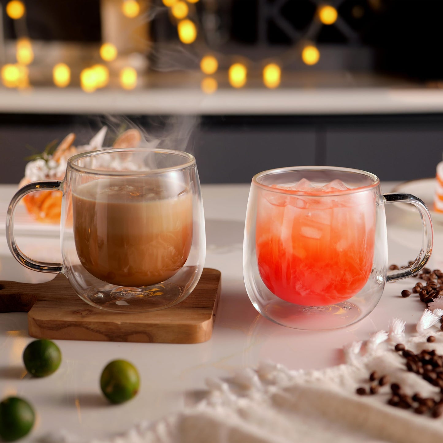 CNGLASS 16oz Double Walled Glass Coffee Mugs(4-Pack),Large Clear Coffee Cups with Handle,Glass Espresso Mugs for Latte,Cappuccino,Tea