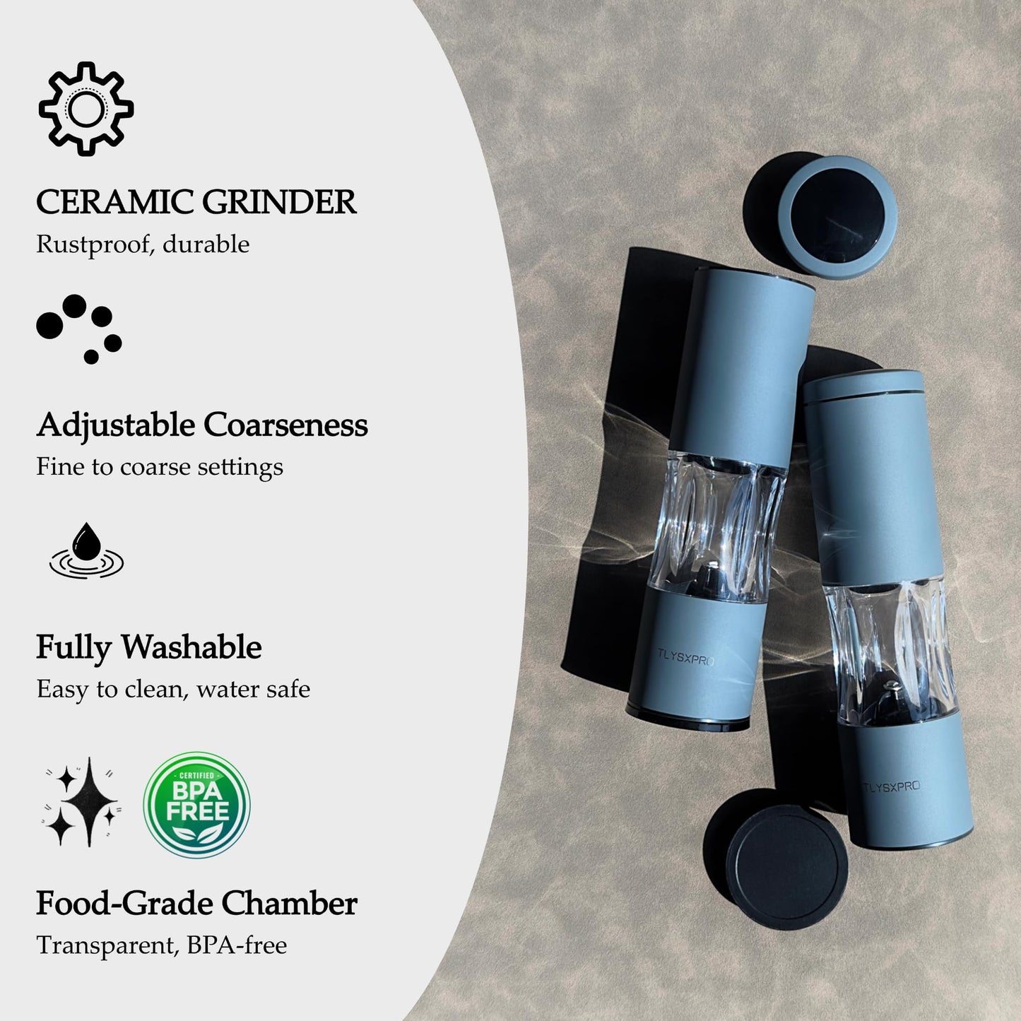 Salt and Pepper Grinder Set with Adjustable Coarseness | Manual Pepper Mill Grinder with Refillable Design | Ceramic Core | Kitchen Essential (2 Packs, Sage)