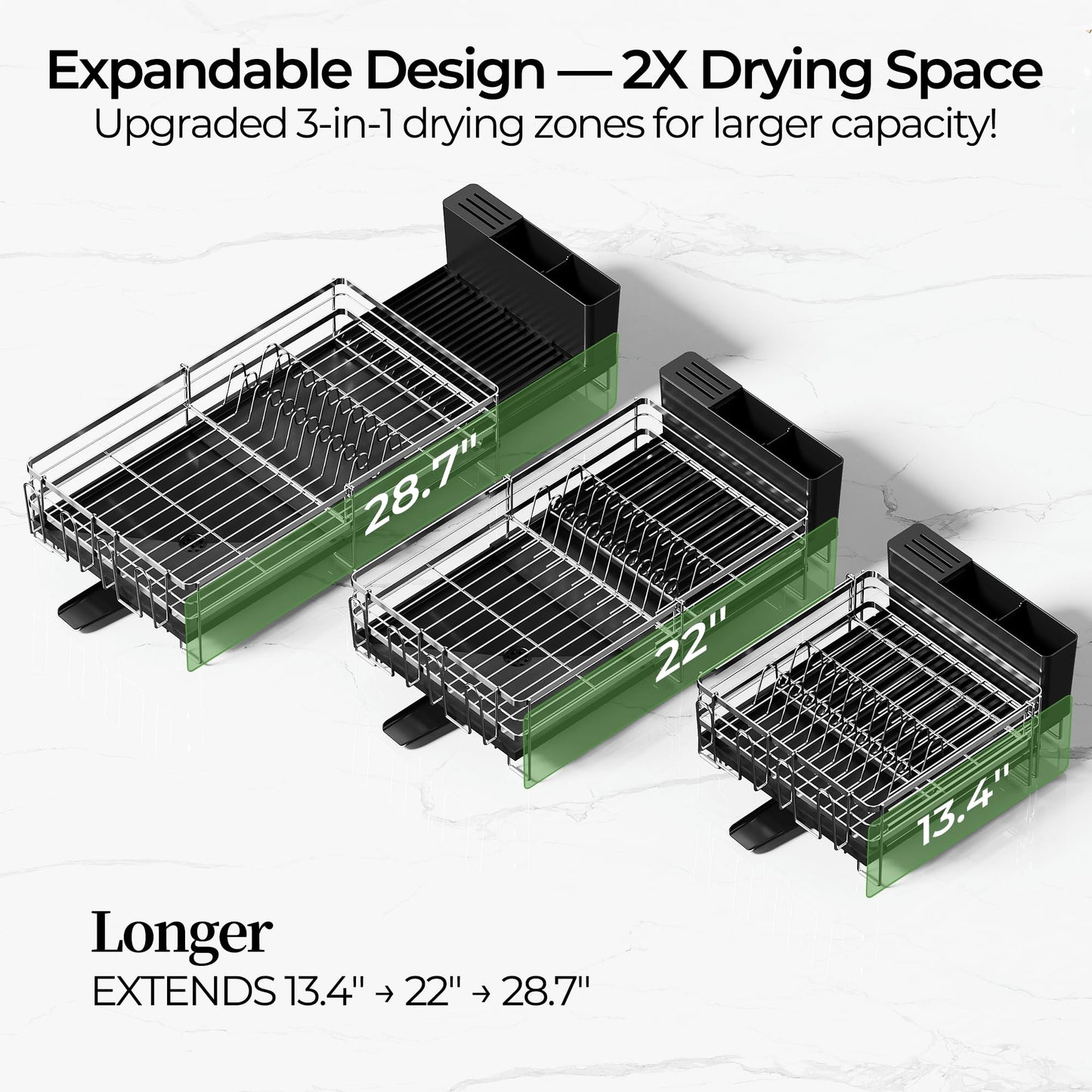 Large Dish Drying Rack, Expandable Dish Rack, Stainless Steel Anti-Rust Dish Racks for Kitchen Counter, Multifunctional Dish Drainer with Utensil Holder & Cup Holder, 13.4"-28.7" L x 11.8" W (1 Tier)