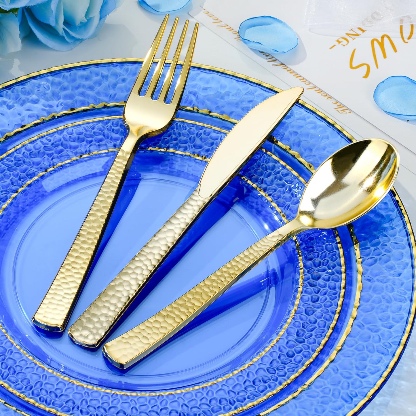 350PCS Clear Blue Plastic Plates for 50 Guests, Disposable Dinnerware Set for Party and Graduation, Includes 100 Plastic Plates, 50 Pre Rolled Napkins with Gold Silverware, 50 Cups