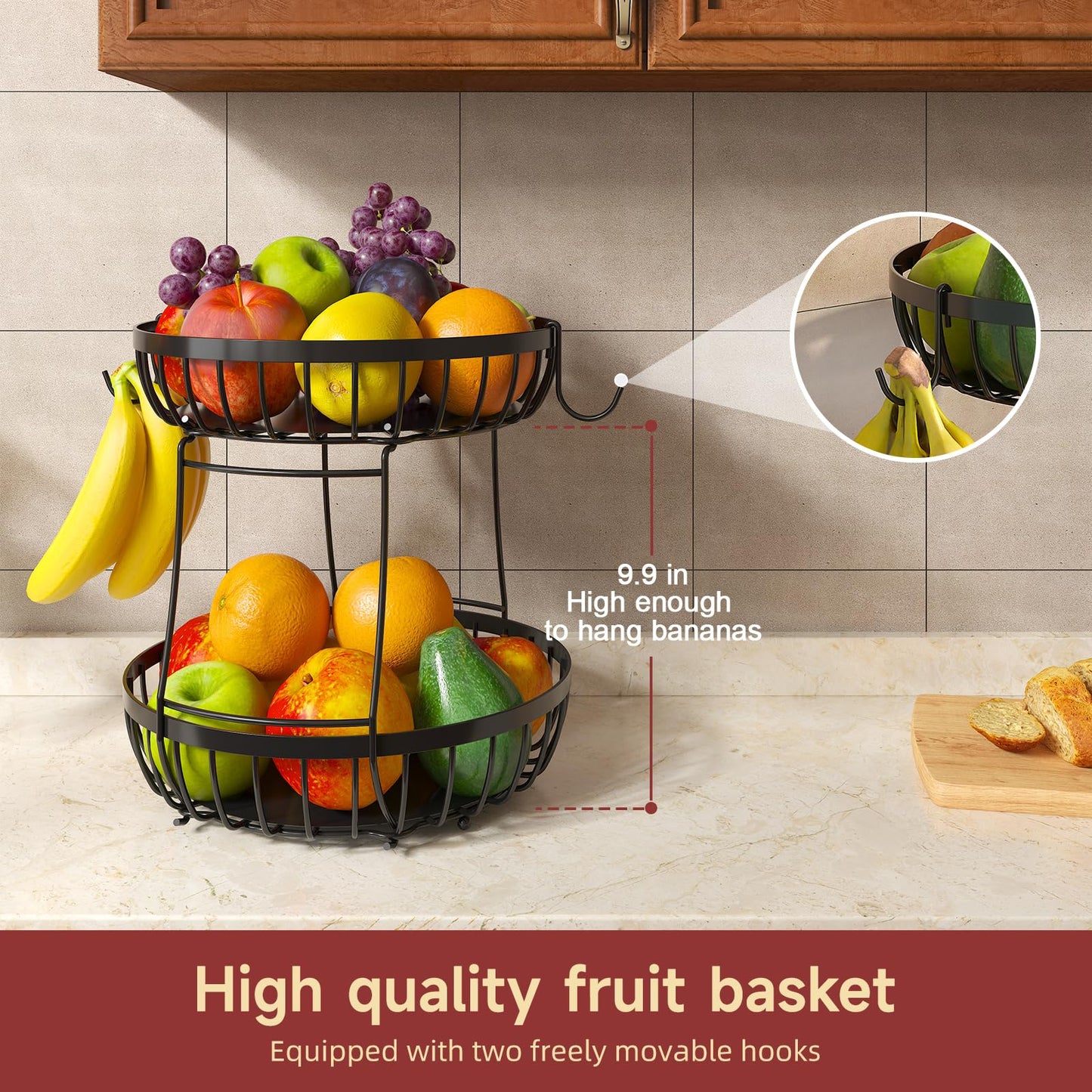 Sevenblue 2 Tier 2026 Large Fruit Basket for Kitchen Counter with 2 Banana Hangers, Detachable Metal Fruit Bowl, Stackable Fruit Holder for Bread Snack Veggies, Black Extra Large