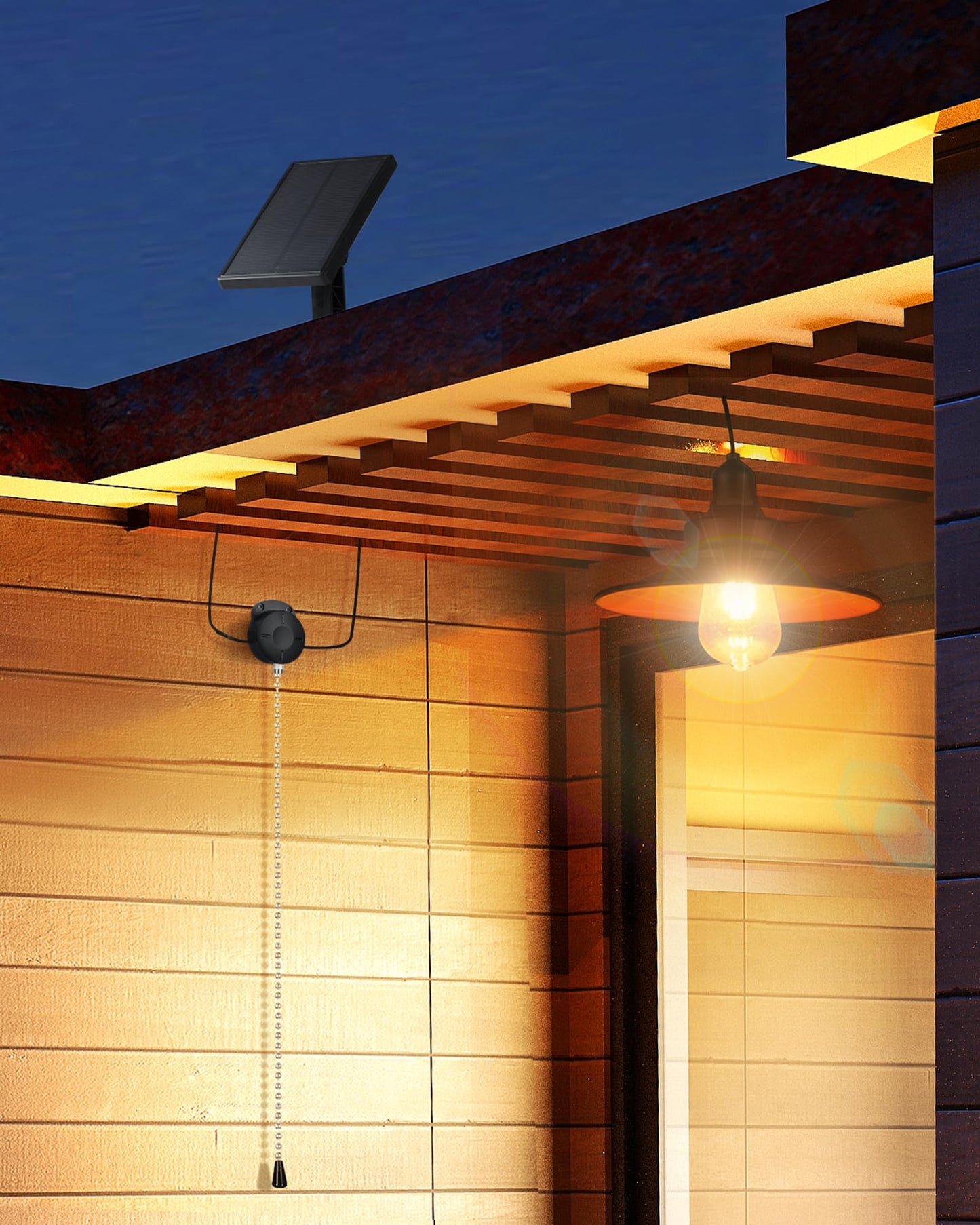 FabStyl Solar Pendant Light Indoor Outdoor, FabStyl Solar Shed Light IP65 Waterproof Powered Solar Chandelier, Gazebo Lights with Pull Cord for Garden, Chicken Coop, Gazebo, Barn