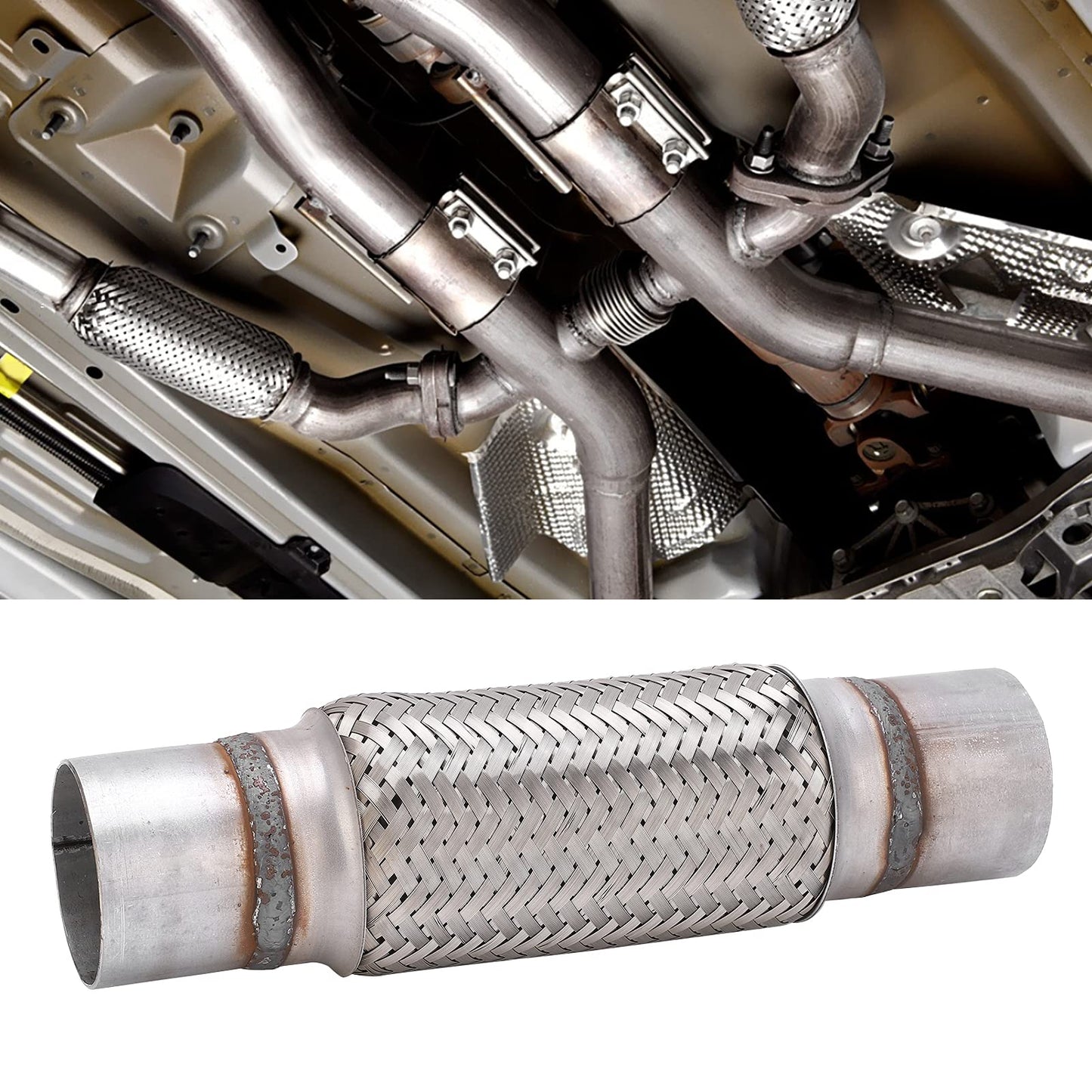 Heavy Duty Exhaust Flex Pipe, 2.5" x 8" x 12'' Stainless Steel Braided Flexible Exhaust Pipe, Universal Fit for Cars & Trucks, Durable Car Exhaust Pipe Repair Replacement Kit, 63mm x 300mm