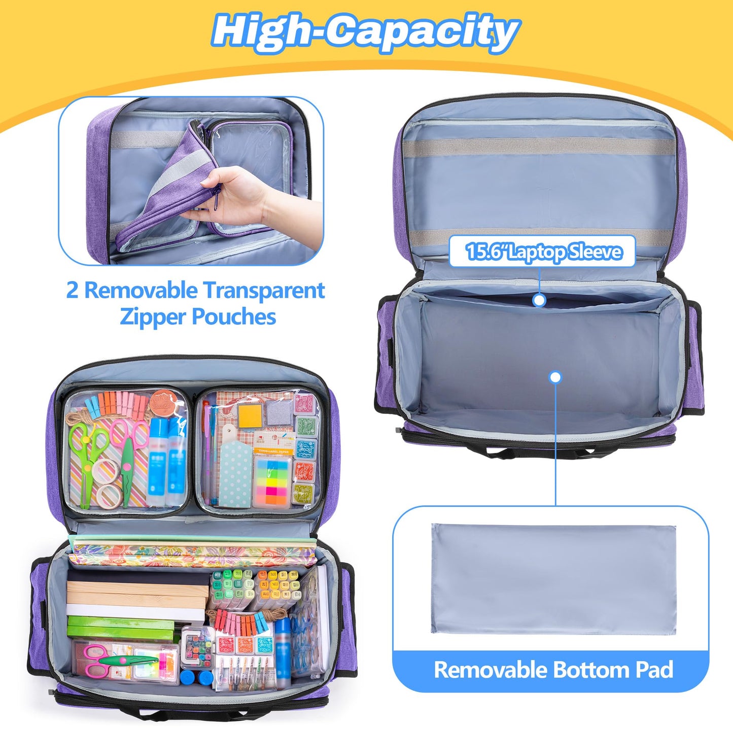 Teamoy Rolling Scrapbook Tote with Detachable Wheels, Rolling Craft Bag with Bottom Wooden Pad, Scrapbook Storage Bag for Women, Purple