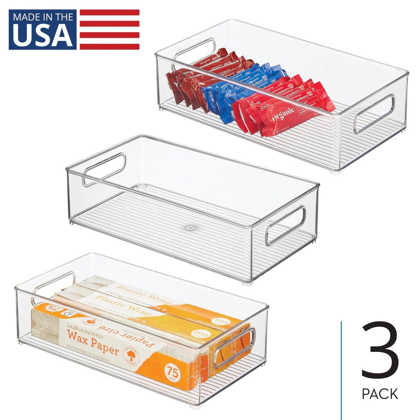 iDesign Plastic Refrigerator and Freezer Storage Bin with Lid, BPA- Free Organizer for Kitchen, Garage, Basement, 8" x 4" x 14.5", Set of 3, Clear