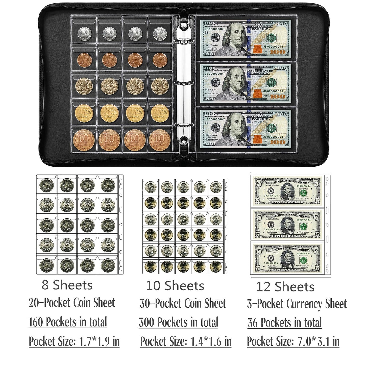 Ettonsun Fireproof Coin Collection Book Holders for Collectors, 460 Pockets Coin Organizer Sleeves Coin Album & 36 Currency Sleeves Album Money Holder Coin Storage Case (Black)