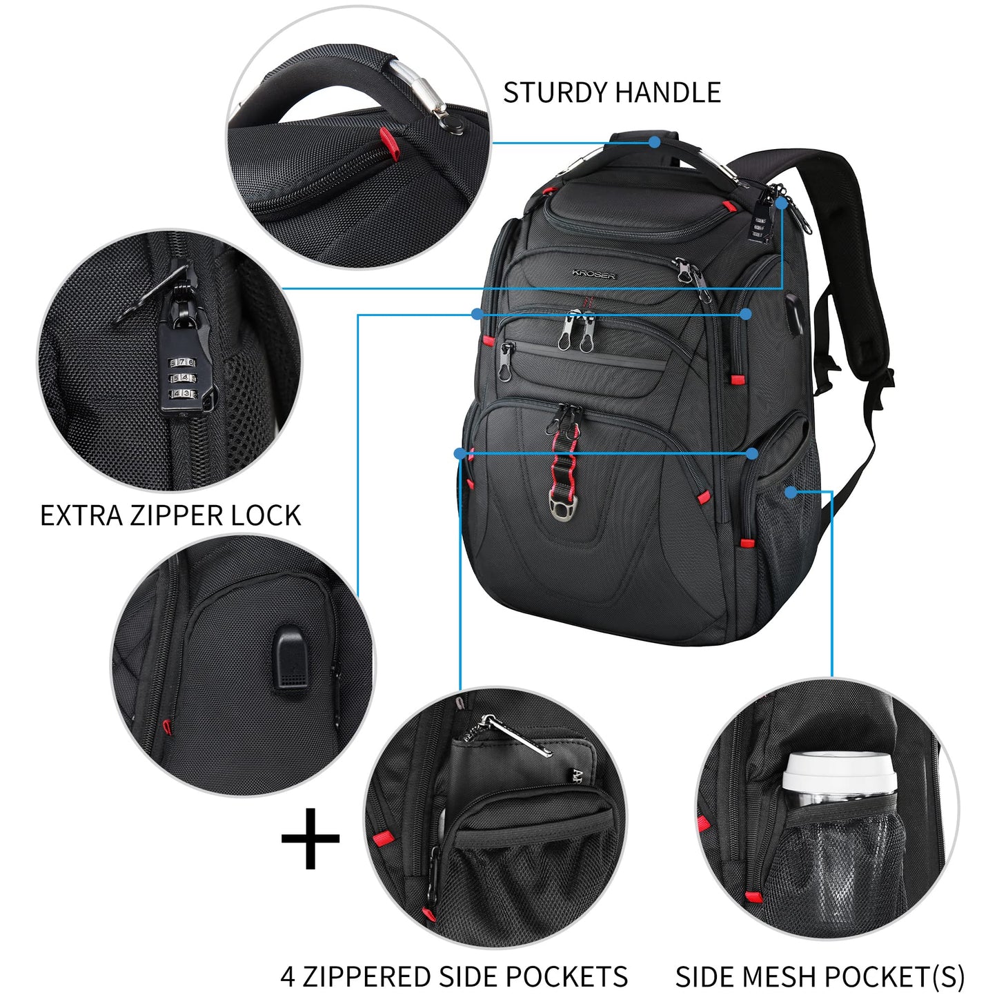 KROSER Travel Laptop Backpack 17.3 Inch XL Heavy Duty Computer Backpack Water-Repellent College Daypack Check Point Friendly Business Backpack with RFID Pockets & USB Port for Men/Women-Black