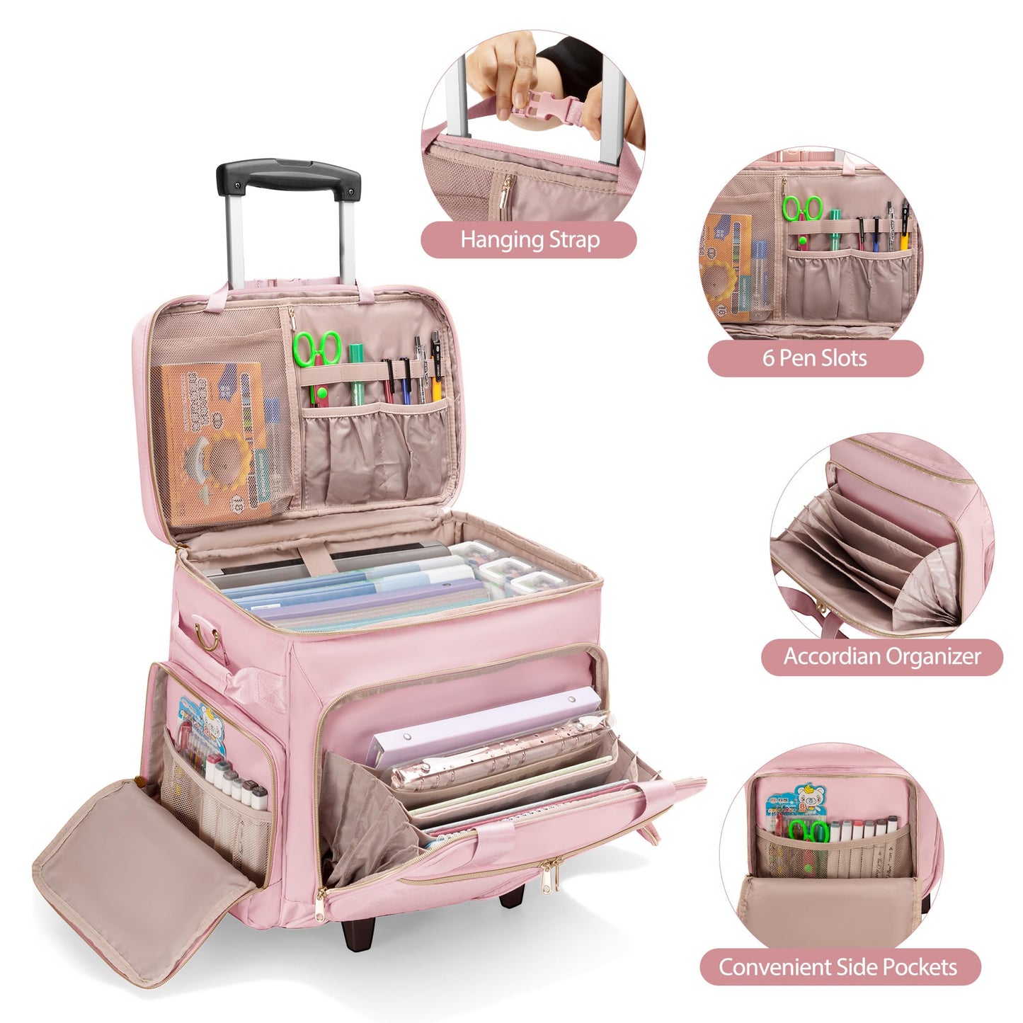 Prokva Rolling Teacher Bag with Wheels, Teacher Tote Bag with Detachable Trolley, Fits for 15.6" Laptop, Pink (Patent Design)