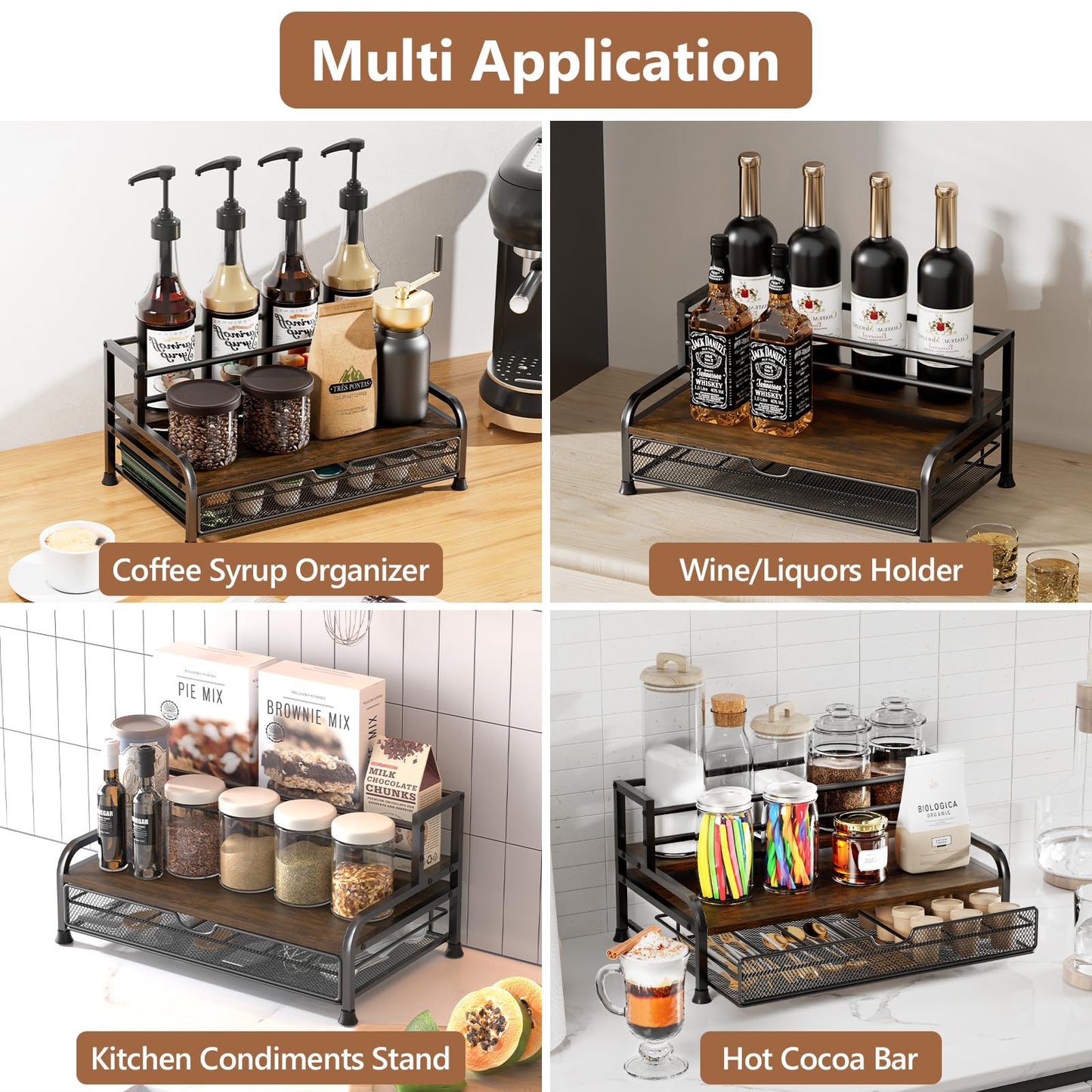 Coffee Syrup Rack Organizer, 3-Tier 8 Bottles Syrup Rack with 35 K Cup Storage Basket Coffee Bar, Countertop Bottle Holder Stand for Wine, Dressing for Kitchen Cafe Station
