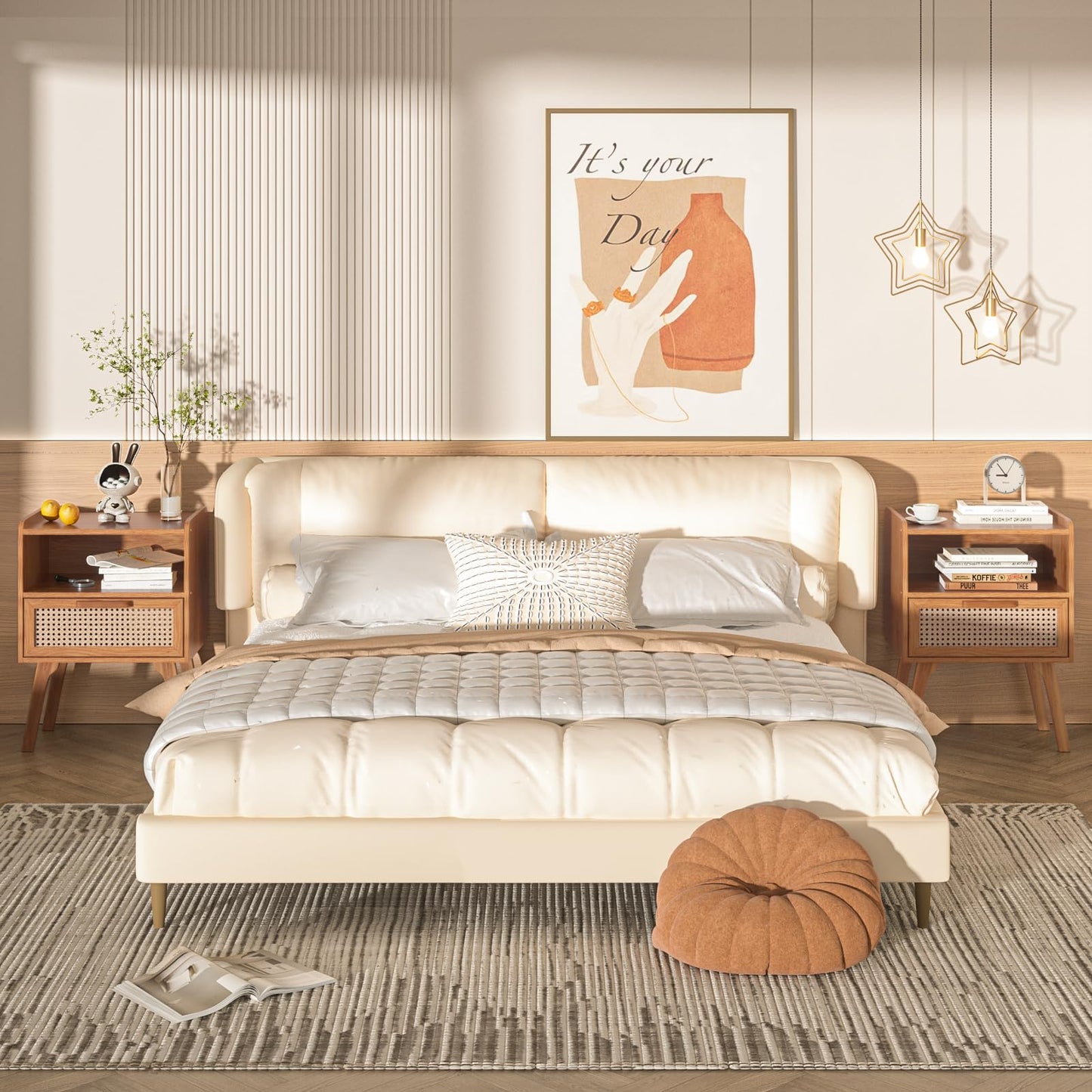 Lerliuo Rattan Nightstand, Boho Side Table with Drawer Open Shelf, Cane Accent Bedside End Table with Solid Wood Legs for Bedroom, Dorm and Small Spaces（Tea Brown）