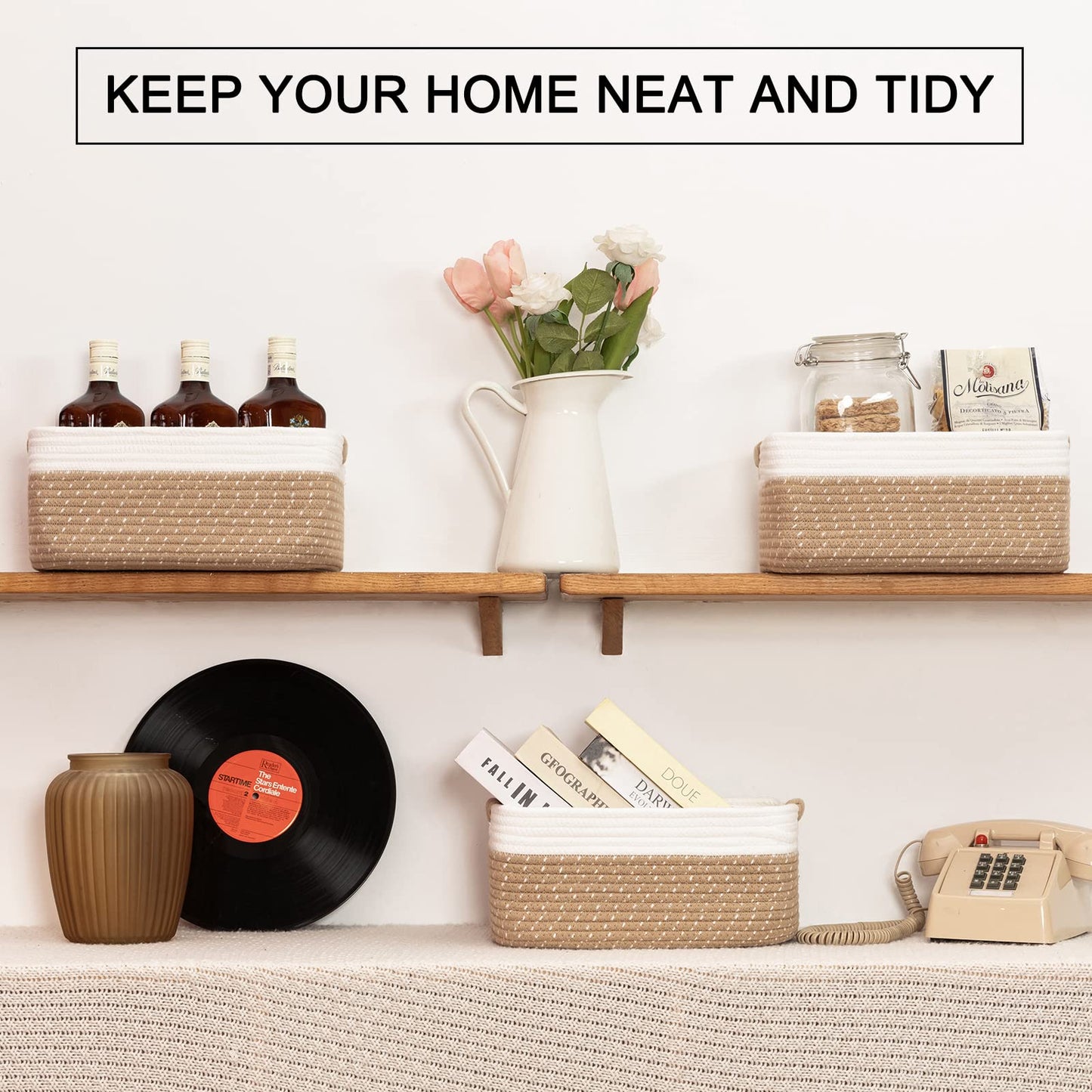 OIAHOMY 12.8x9x5.5in Woven Baskets for Storage, Storage Baskets for Shelves, Cotton Rope basket set of 3, Decorative Storage Baskets, Rectangle Basket With Handles,Brown and White
