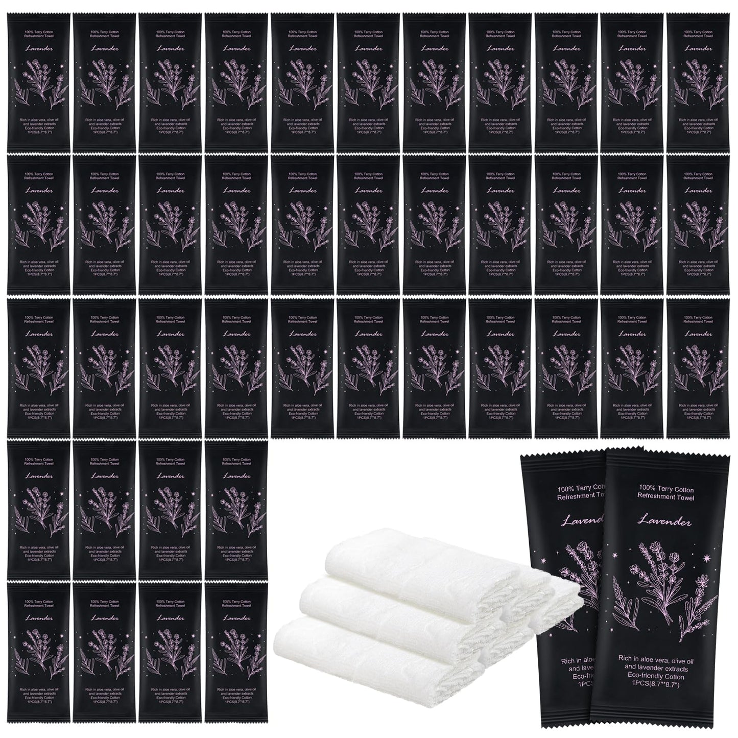 Moist Cotton Towel Bulk Moist Towelettes Individually Wrapped 8.7" x 8.7",White Towel Services,Refreshment Pre Moistened Towels Lavender Scent for Travel Sport Party Spa Dentist Hote (1 Count (Pack of 200), Lavender)